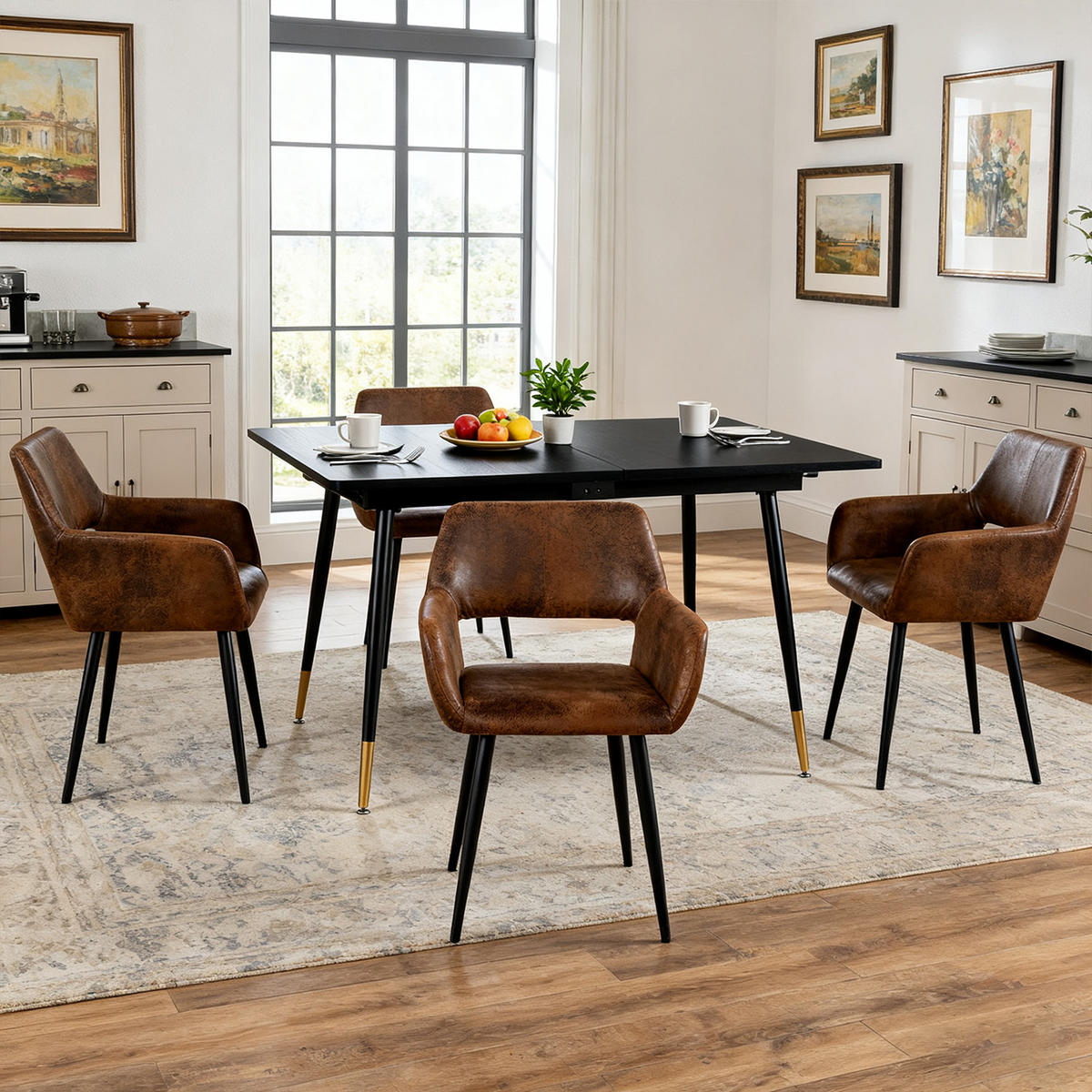 ESSGRUPPE mit ausziehbarem Tisch und 4 Stühlen in Wildlederoptik, Braun - Multicolor/Schwarz, Metall (47/81/45.5cm) - Meubles Cosy