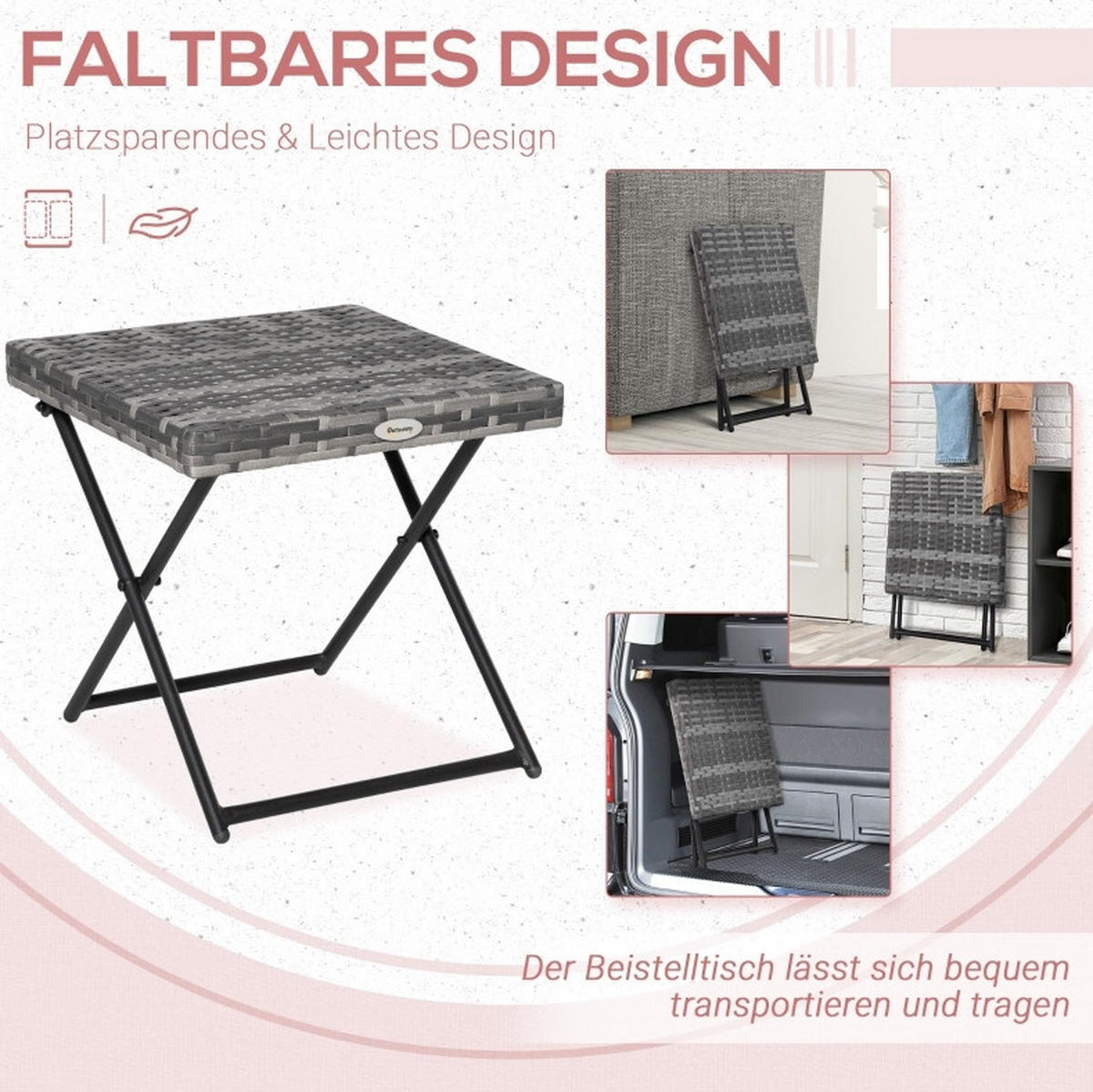 GARTENTISCH aus Polyrattan 40x40x40 cm Grau klappbar mit wetterbeständigem Metallgestell - Grau, Kunststoff (40/40/40cm) - Modfu