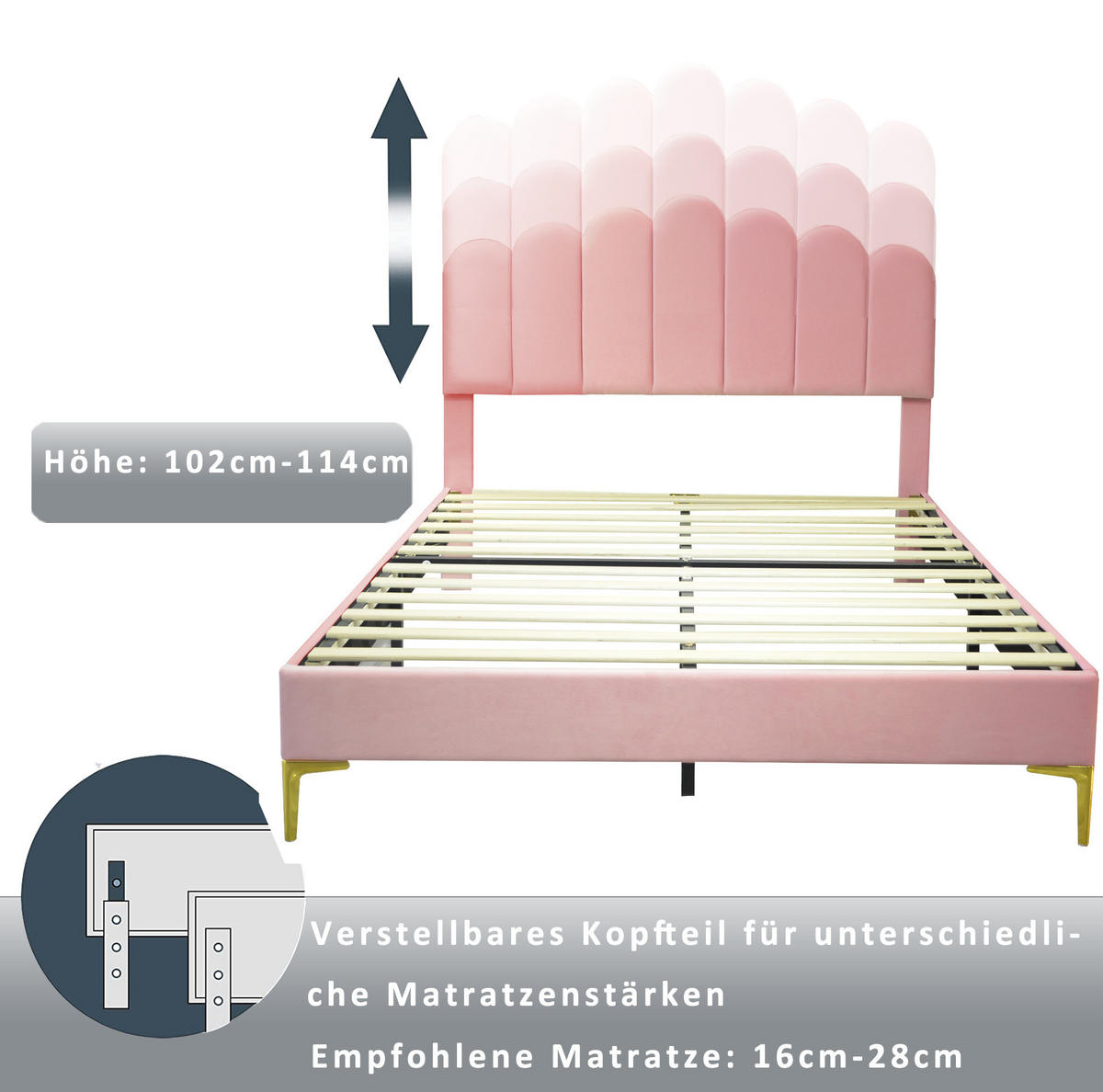 POLSTERBETT 140/200 cm Pink aus Samt mit verstellbarem Kopfteil - Rosa, Textil (140/200cm) - OKMYHOME