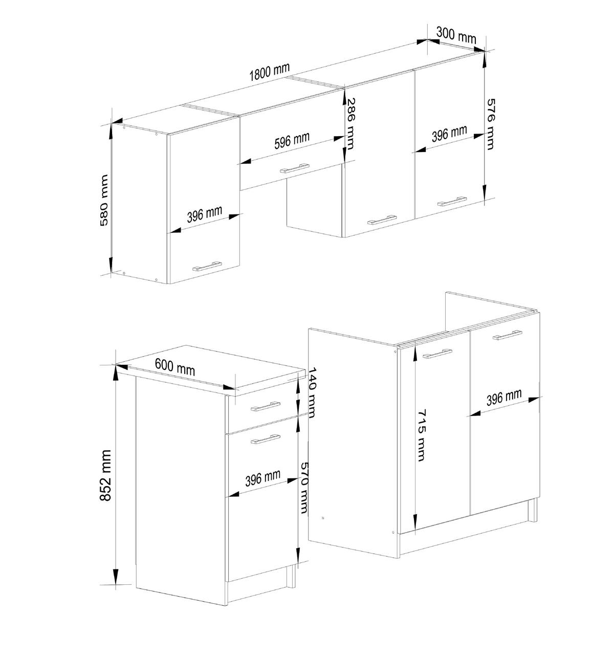 KÜCHENMÖBEL-SET Weiß 180x203x46 cm - Schwarz/Weiß, Holzwerkstoff/Kunststoff (180/203/46cm) - Akord
