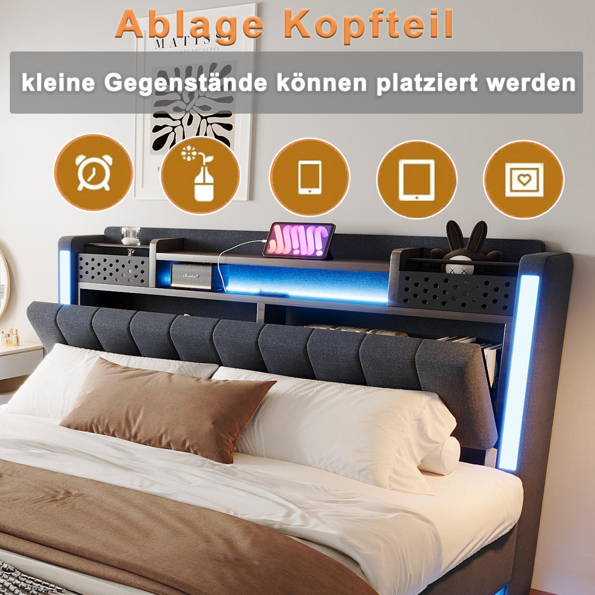 POLSTERBETT 160/200 cm in Grau Leinen mit LED, USB und Stauraum - Grau, Holzwerkstoff/Textil (160/200cm) - WISHDOR