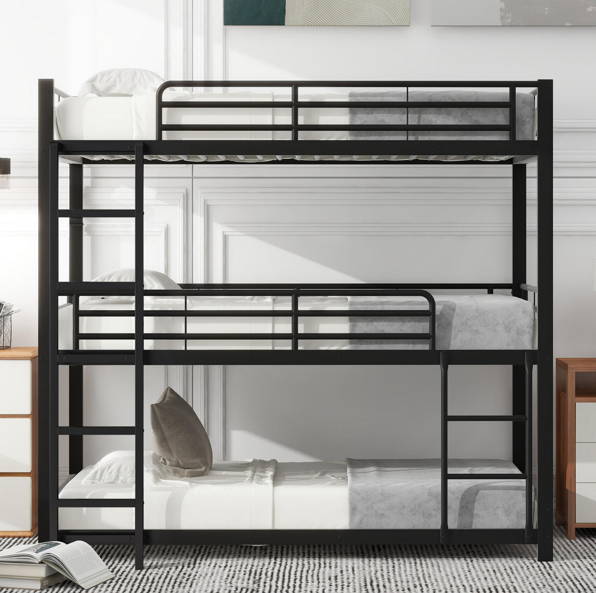 ETAGENBETT 90/200 cm aus Metall in Schwarz – Dreifachbett mit Leiter - Schwarz, Metall (90/200cm) - BEAOK