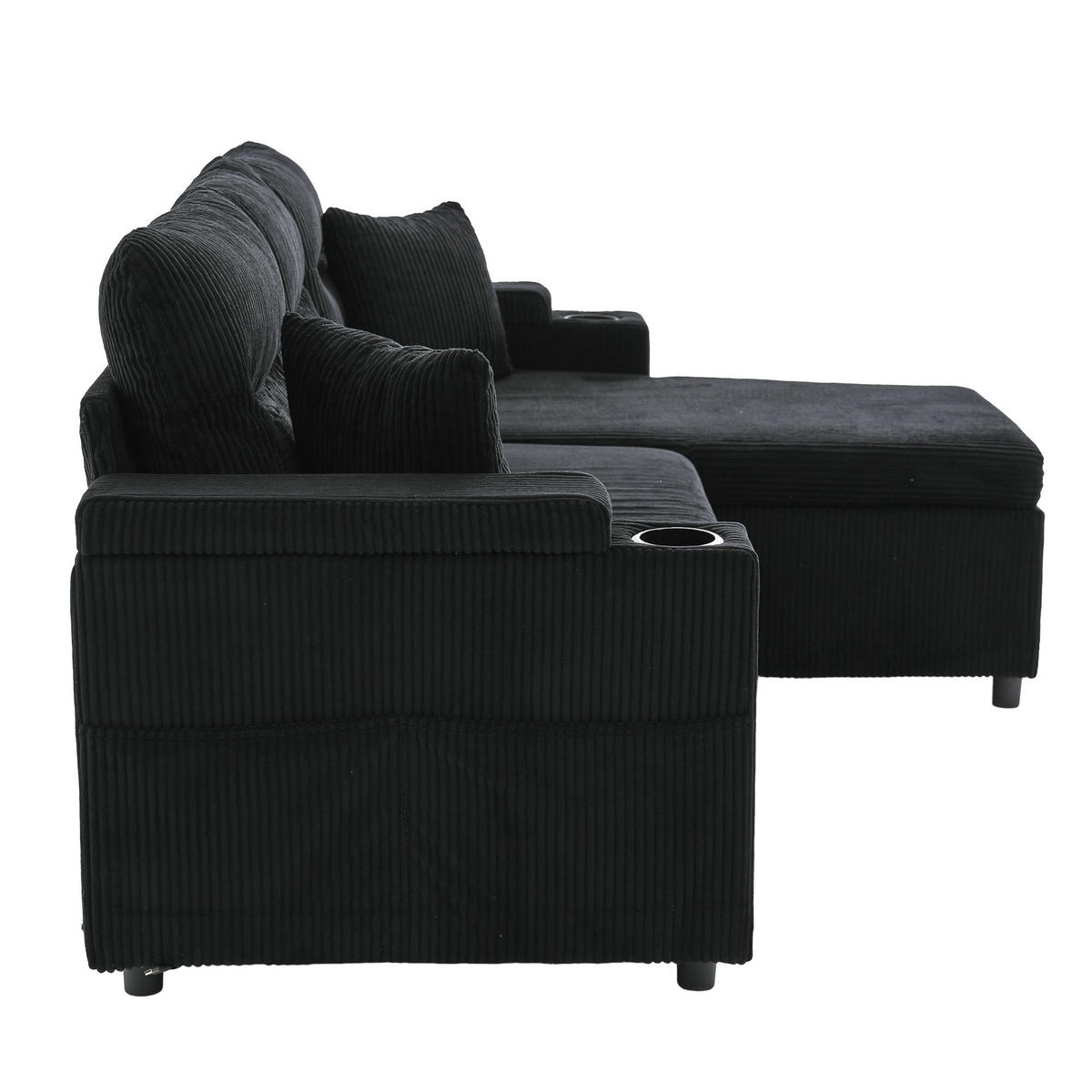 ECKSOFA 3-Sitzer Cord mit Stauraum und USB-C, DE-42576, Schwarz - Schwarz, Metall (212.5/136cm) - ComfortXL