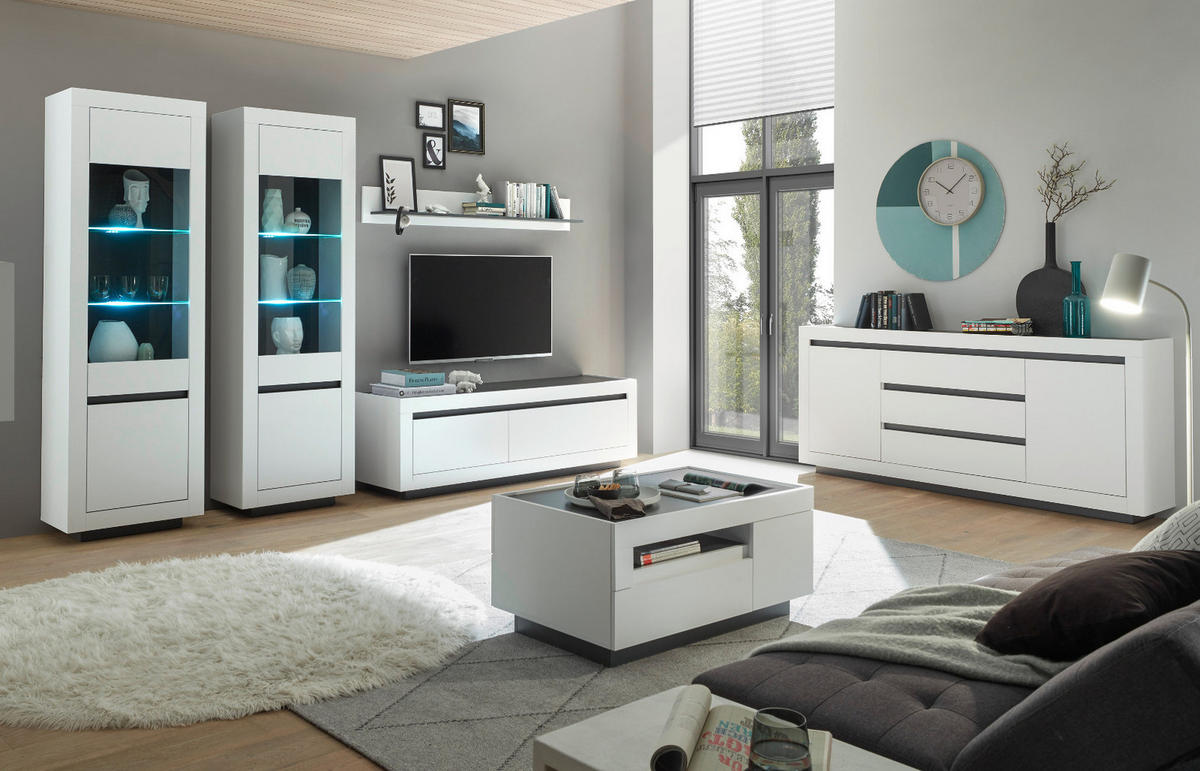 WOHNWAND weiß, anthrazit, Wohnkombination 4-teilig 328 x 206 cm - Anthrazit/Weiß, Glas/Holzwerkstoff (328/170/50cm) - Furn.Design