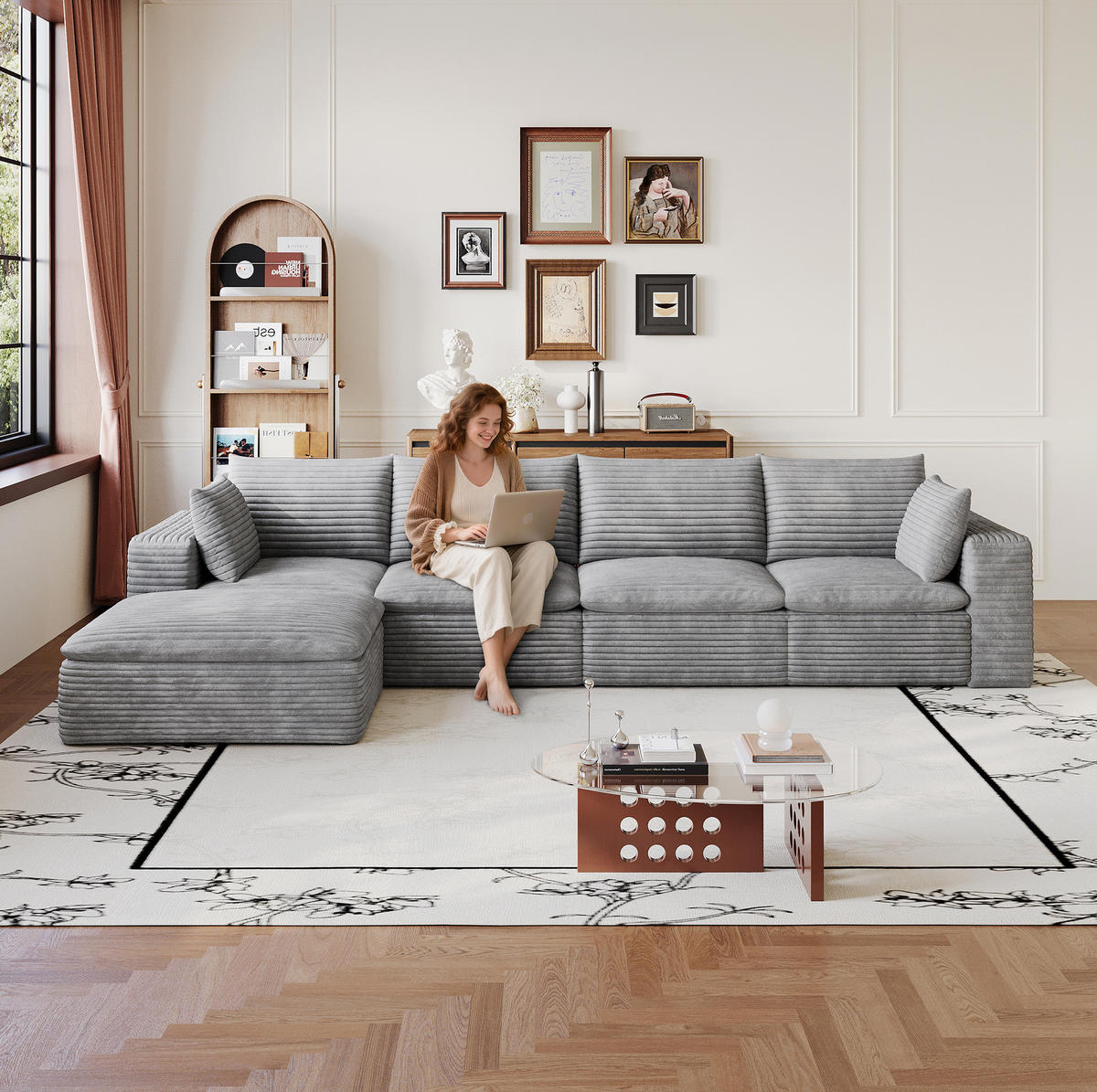 ECKSOFA aus Stoff 340 cm Grau modular, mit abnehmbarer Polsterung und Schaumstoffkern - Grau, Textil (340/160cm) - Modfu