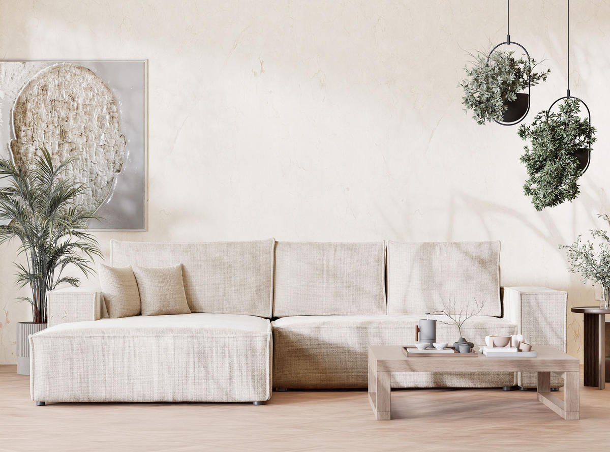 ECKSOFA Maze Creme Chenille-Stoff - Links Seite - Creme/Schwarz, Holz/Holzwerkstoff (185/294cm) - Maison de Reve