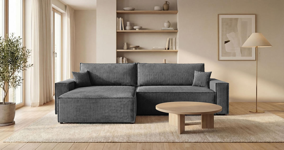 ROHOVÁ pohovka VIENNA levá tmavě šedá manšestr Poso 60 - funkce spaní, úložný prostor - antracitová, textil (285/185cm) - Cornero