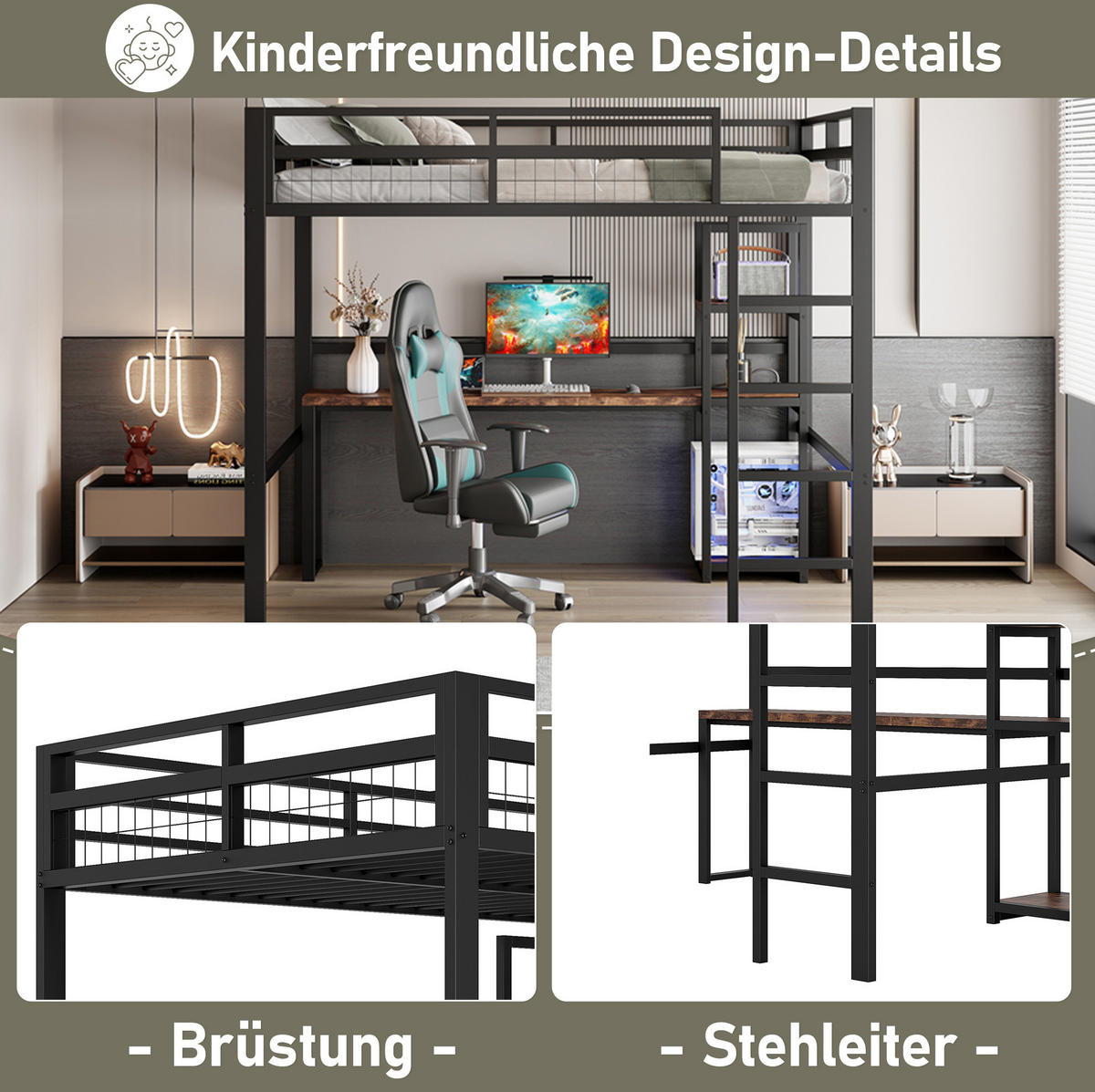 HOCHBETT 140/200 cm Schwarz mit Schreibtisch und USB-Anschluss - Schwarz, Metall (140/200cm) - OKWISH