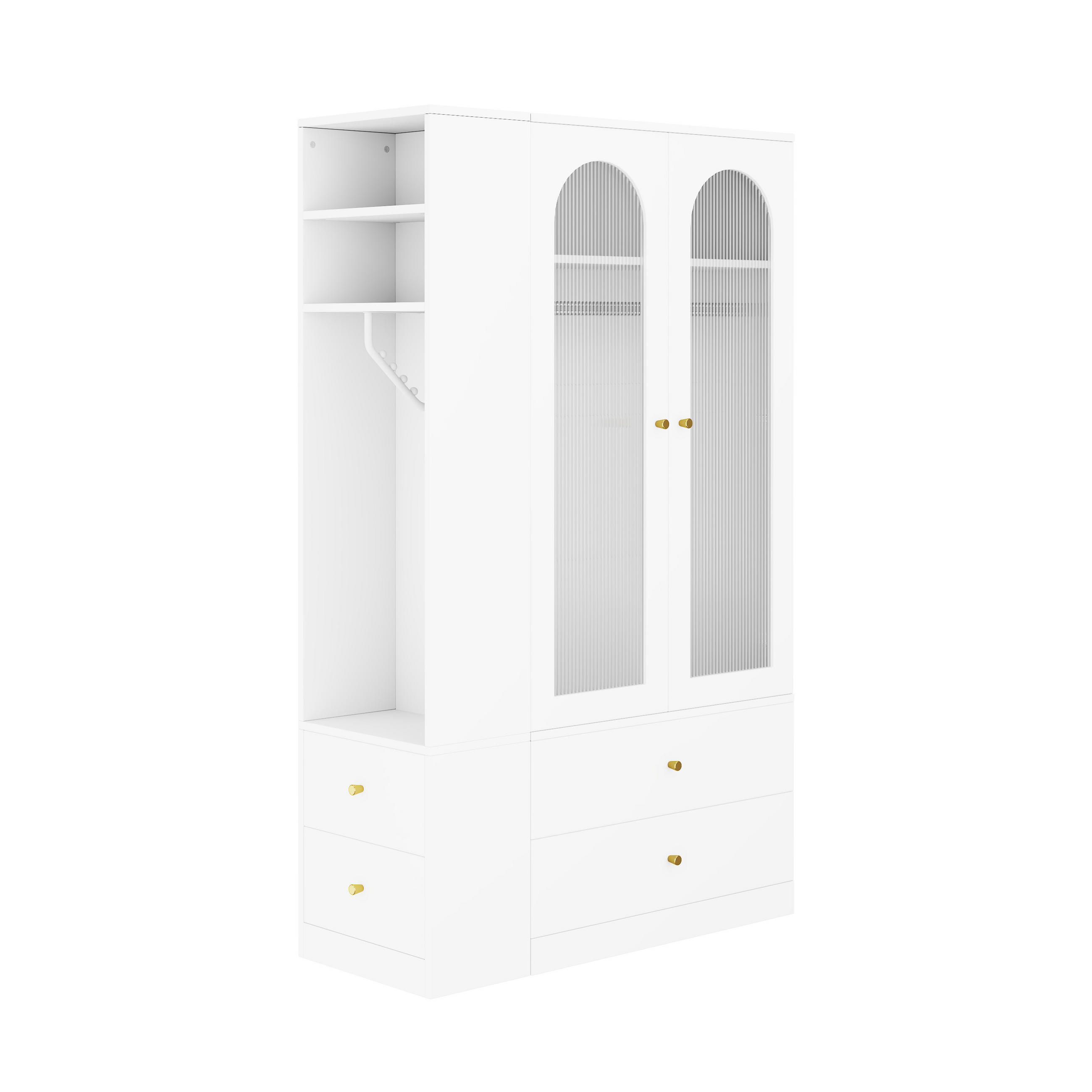 KLEIDERSCHRANK Weiß 120x200cm, 4 Schubladen, 2 Glastüren & 2 Kleiderstangen - Weiß, Holzwerkstoff (120/200/50cm) - Urban Meuble