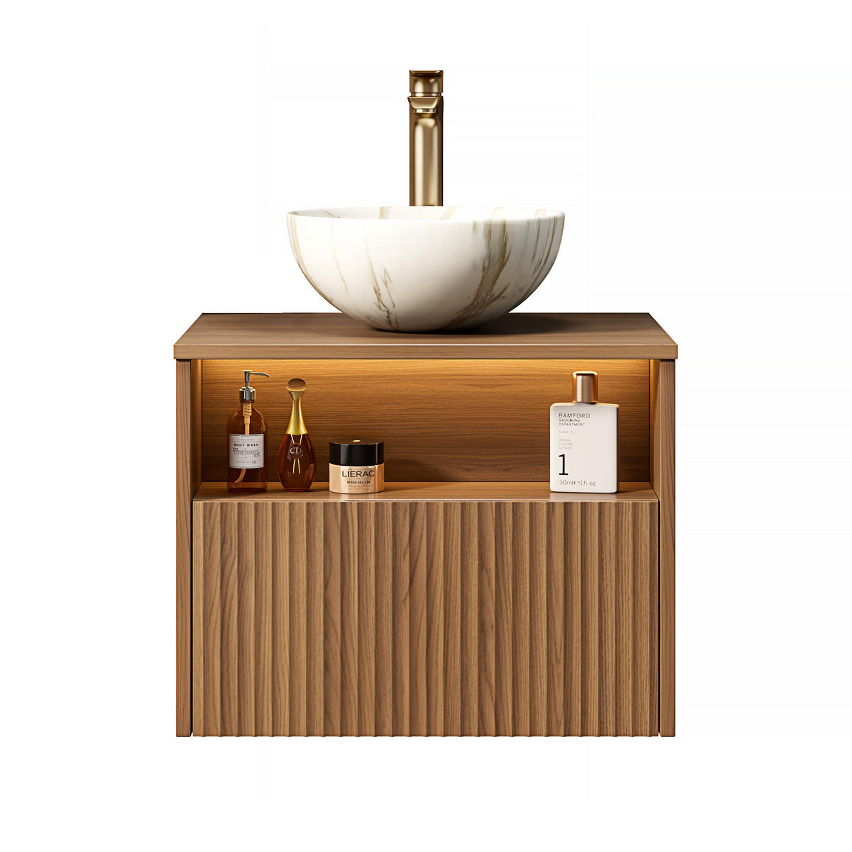 WASCHTISCHKOMBI 60x46x60.8cm Braune Eiche/Steinweiß mit Sensor-LED, Soft-Close & Massivholzfront - Eichefarben, Keramik (60/60.8/46cm) - Modfu