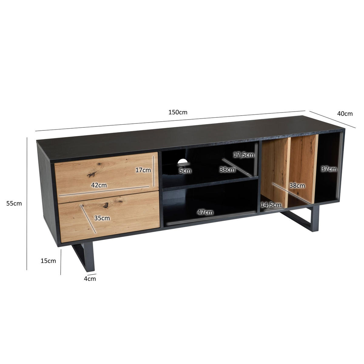 TV-LOWBOARD mit Eiche-Dekor, Schubladen und offenes Regal, modern, Schwarz 150x40x55 cm - Schwarz, Holzwerkstoff/Metall (150/55/40cm) - KADIMA DESIGN