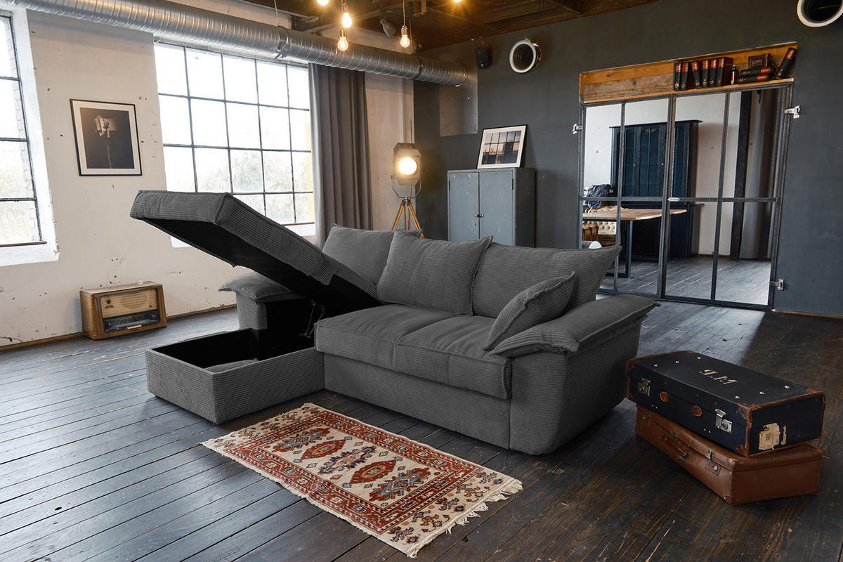 ECKSOFA DAMETO Grau Cord - Schwarz/Grau, Kunststoff/Textil (266/174cm) - KAWOLA