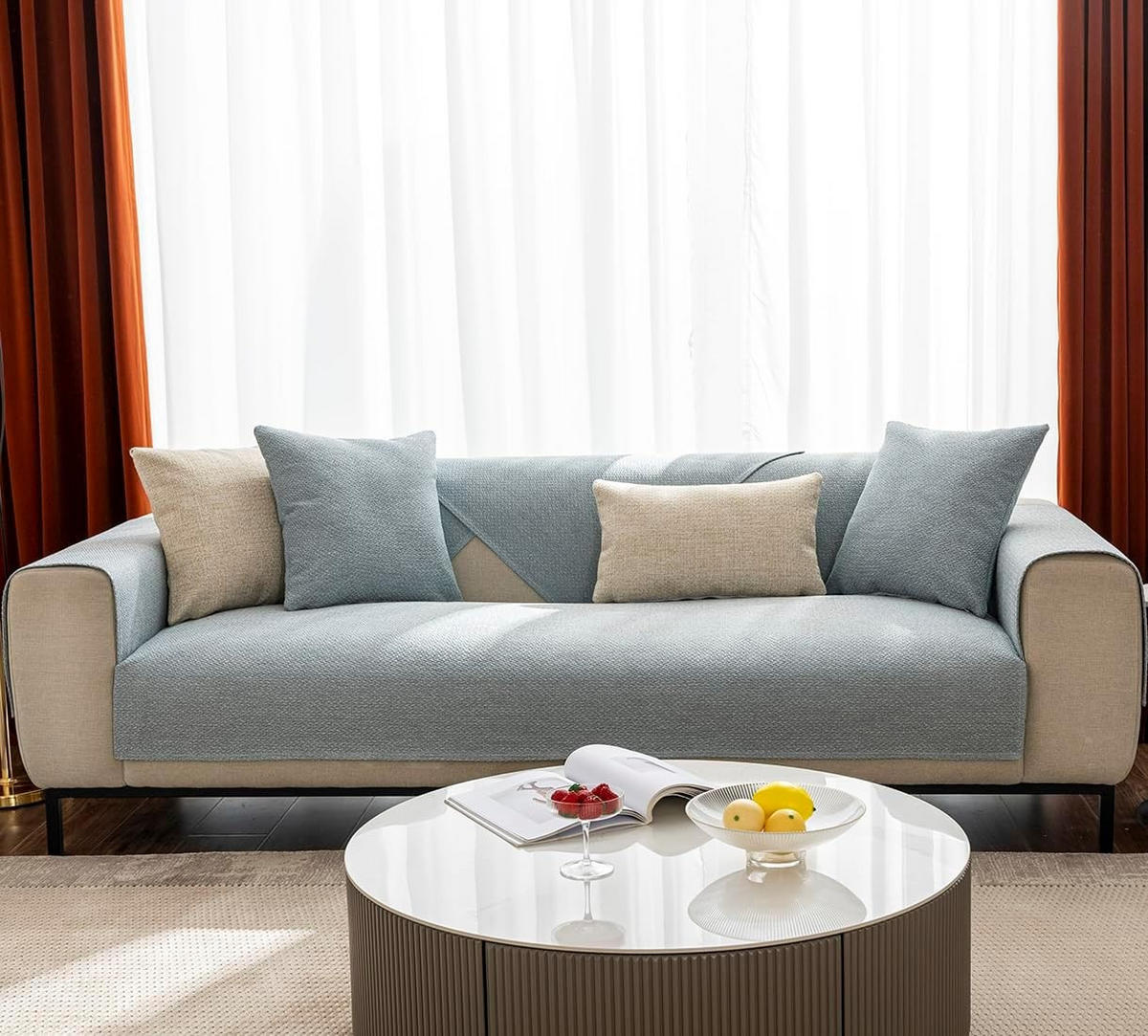 SOFABEZUG Leinen Struktur, Rutschfest, Hellblau, 110x240cm - Pastellblau, Textil (110/240cm) - Authentics