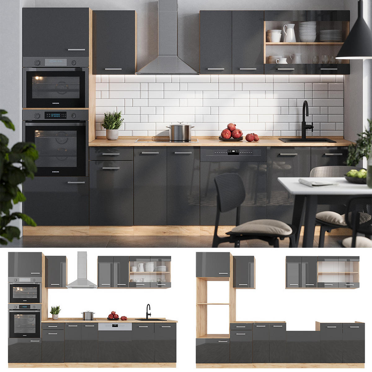 KÜCHENZEILE R-Line Anthrazit Hochglanz/Goldkraft Eiche 300 cm ohne AP - Anthrazit/Eiche Wotan, Holzwerkstoff (300/81.6/46cm) - Vicco