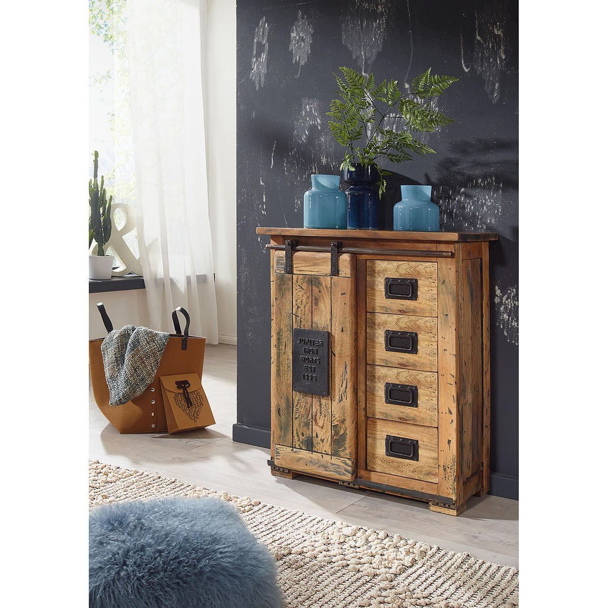 KOMMODE - Mango massiv / Eisen - Mango / Schwarz - Braun, Holz/Metall (90/100/45cm) - home24