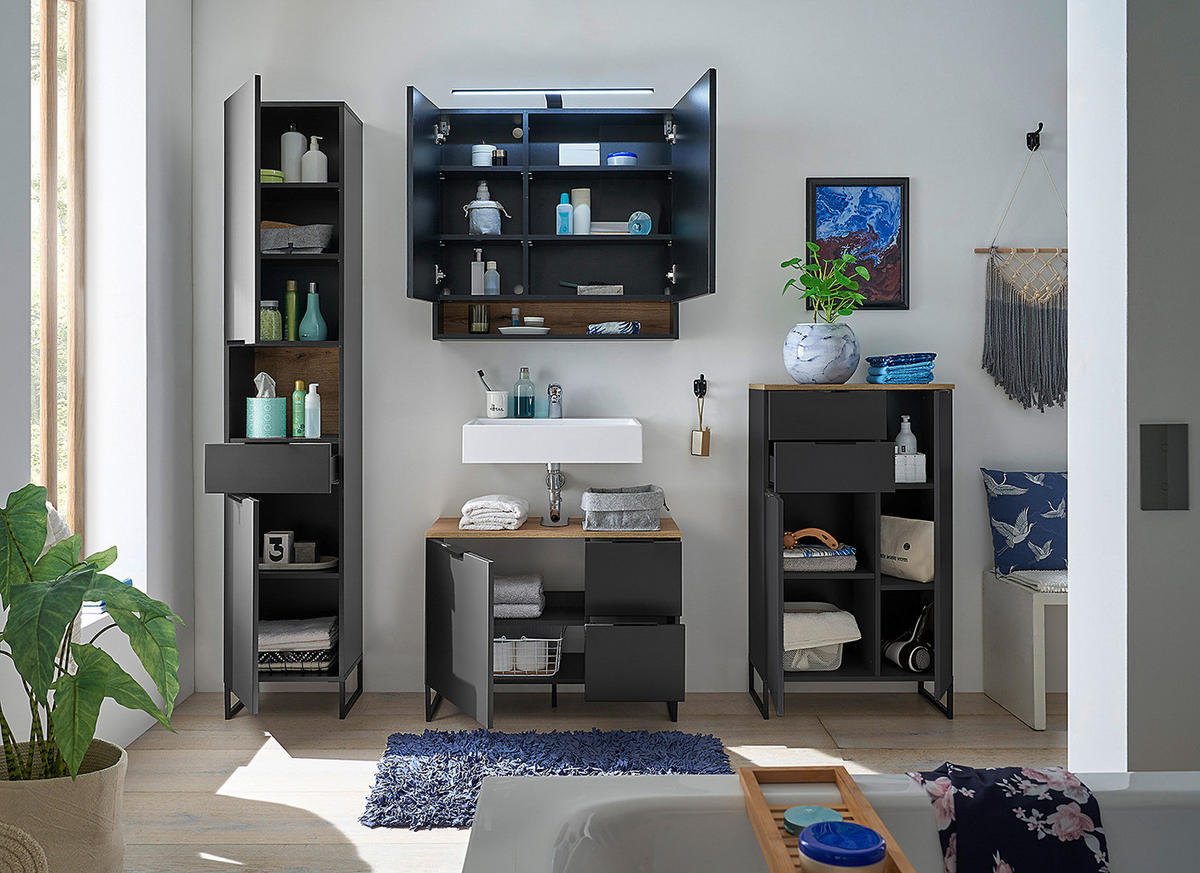 WASCHBECKENUNTERSCHRANK mit 1 Tür - Schwarz, Holzwerkstoff (80/60/35cm) - home24