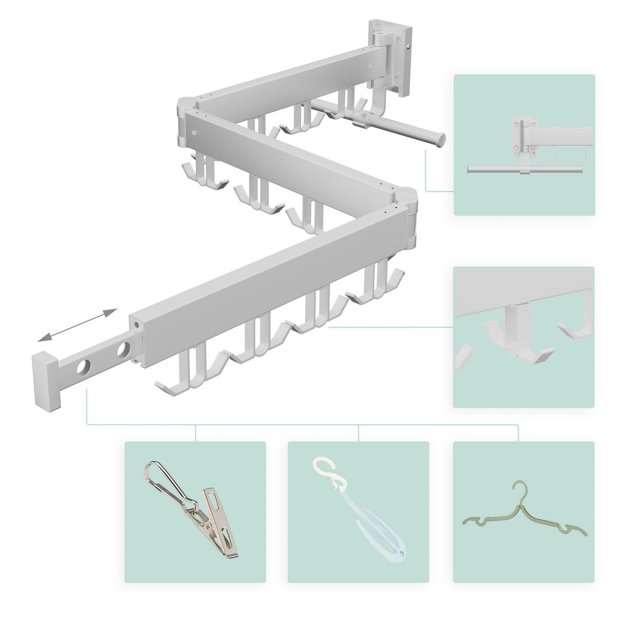STOJAN na bielizeň na stene - biela, kov/plast (127/12/26cm) - Relaxdays