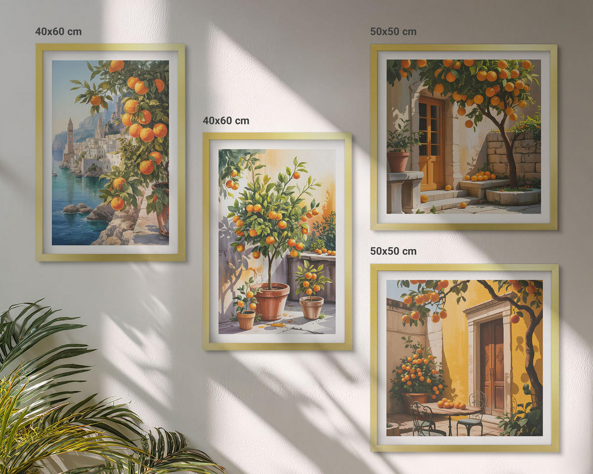 WANDBILDER 4er Set - 50x50 cm & 40x60 cm Goldrahmen - Gemalte Zitruslandschaften - Goldfarben, Kunststoff (50/50cm) - ArtPrintCave