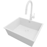 UNTERBAUSPÜLE GRANIT London, 2-er set Alles Weiß 56/47 cm 1 Becken + Küchenarmatur 40/20 cm + Ablauf-Set ab 60er Unterschrank - Weiß, Kunststoff (56/20/47cm) - Primagran