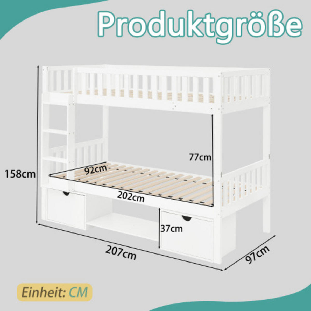 ETAGENBETT 2-in-1 90×200 cm aus Massivkieferholz mit Schubladen & Sicherheitsgeländer, weiß - Weiß, Textil - Luhomfu