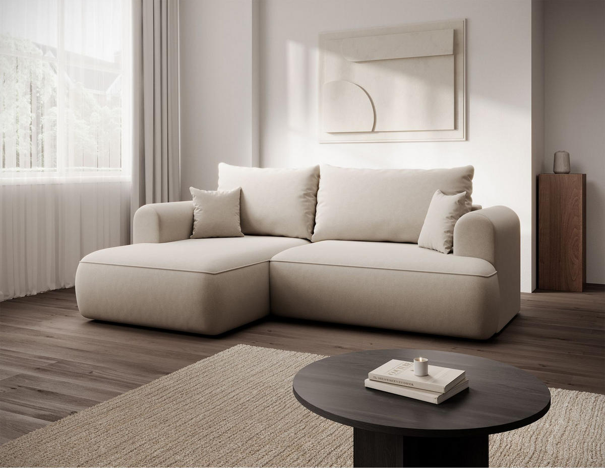 ECKSCHLAFSOFA Ovo Mini Creme Easy-Clean-Samtbezug - Creme/Schwarz, Kunststoff/Textil (238/156cm) - Selsey