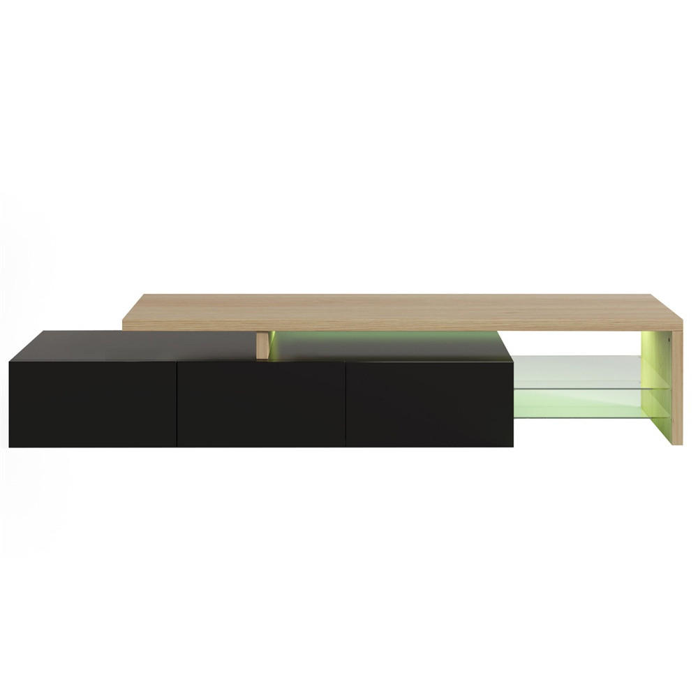 TV-LOWBOARD - TV-Schrank mit LED-Beleuchtung - offenem Glasregal und Stauraum - Schwarz+Natur - Schwarz, Holzwerkstoff (39/42/200cm) - DELFA