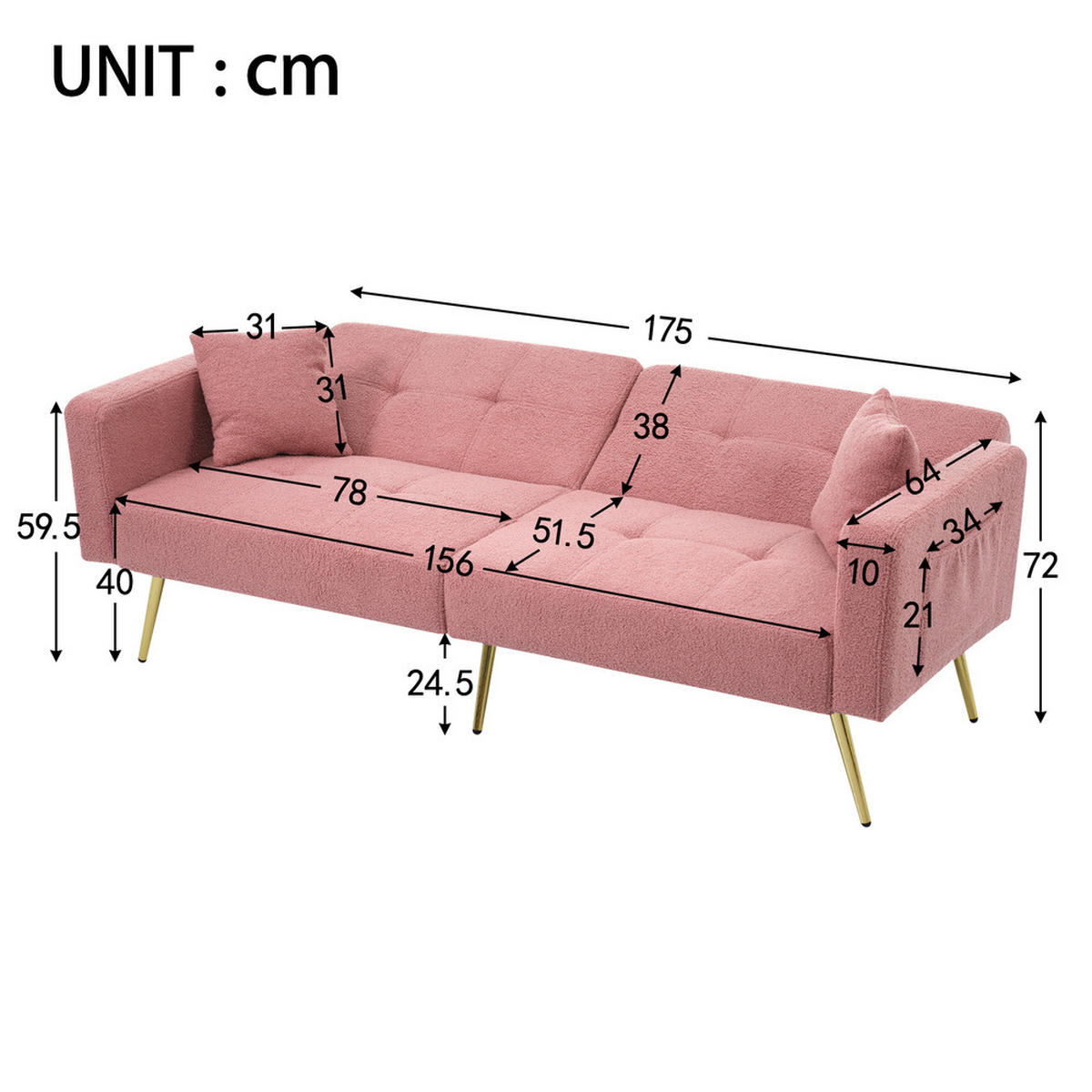 SOFA Schlaffunktion Verstellbar Goldene Beine Aufbewahrungstaschen Kissen - Pink, Holz (90.93/18.42/80.26cm) - FLIEKS