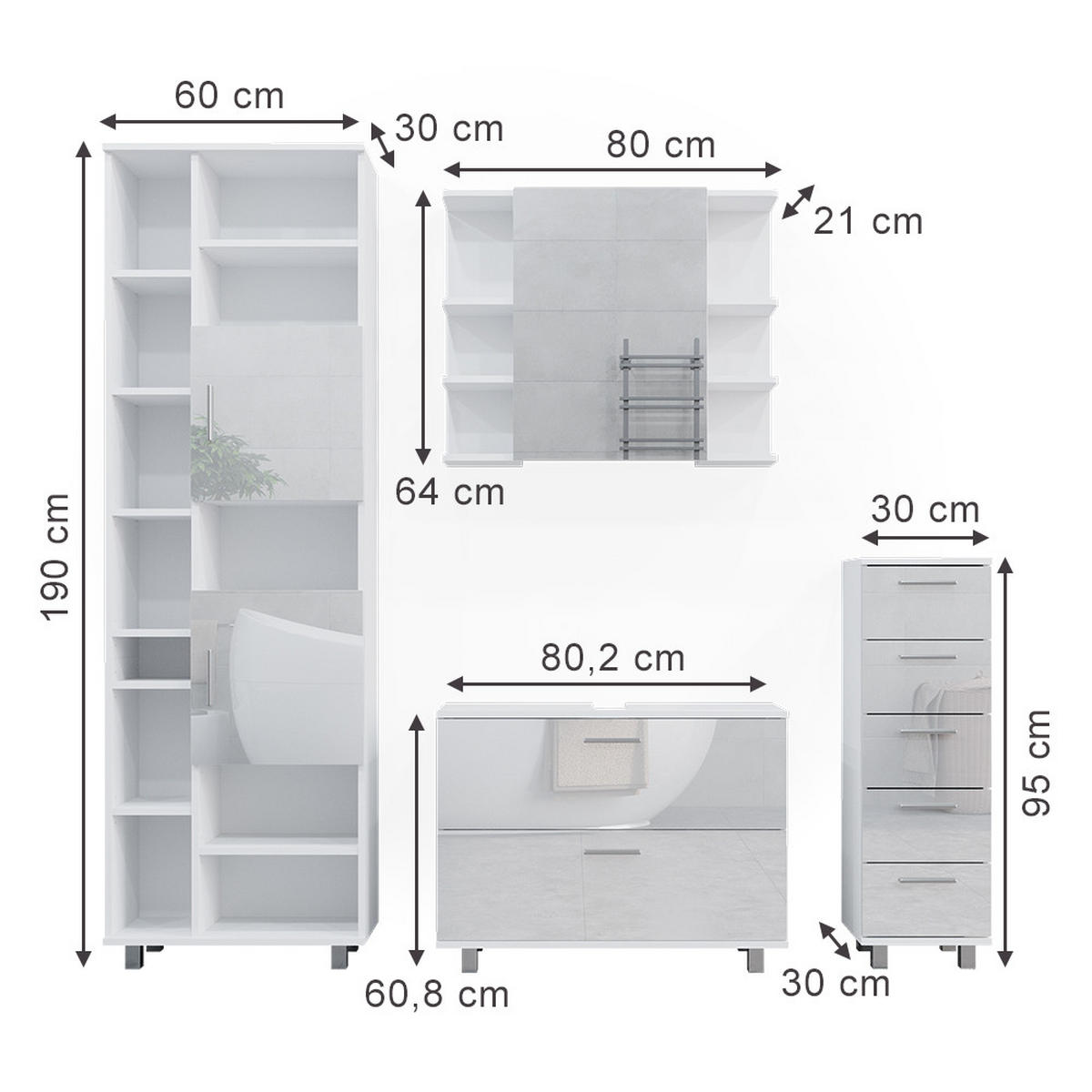 BADMÖBEL-SET Ilias Weiß Hochglanz 4 Teile, mit Hochschrank - Weiß Hochglanz, Holzwerkstoff (80.2/60.8/33cm) - Vicco