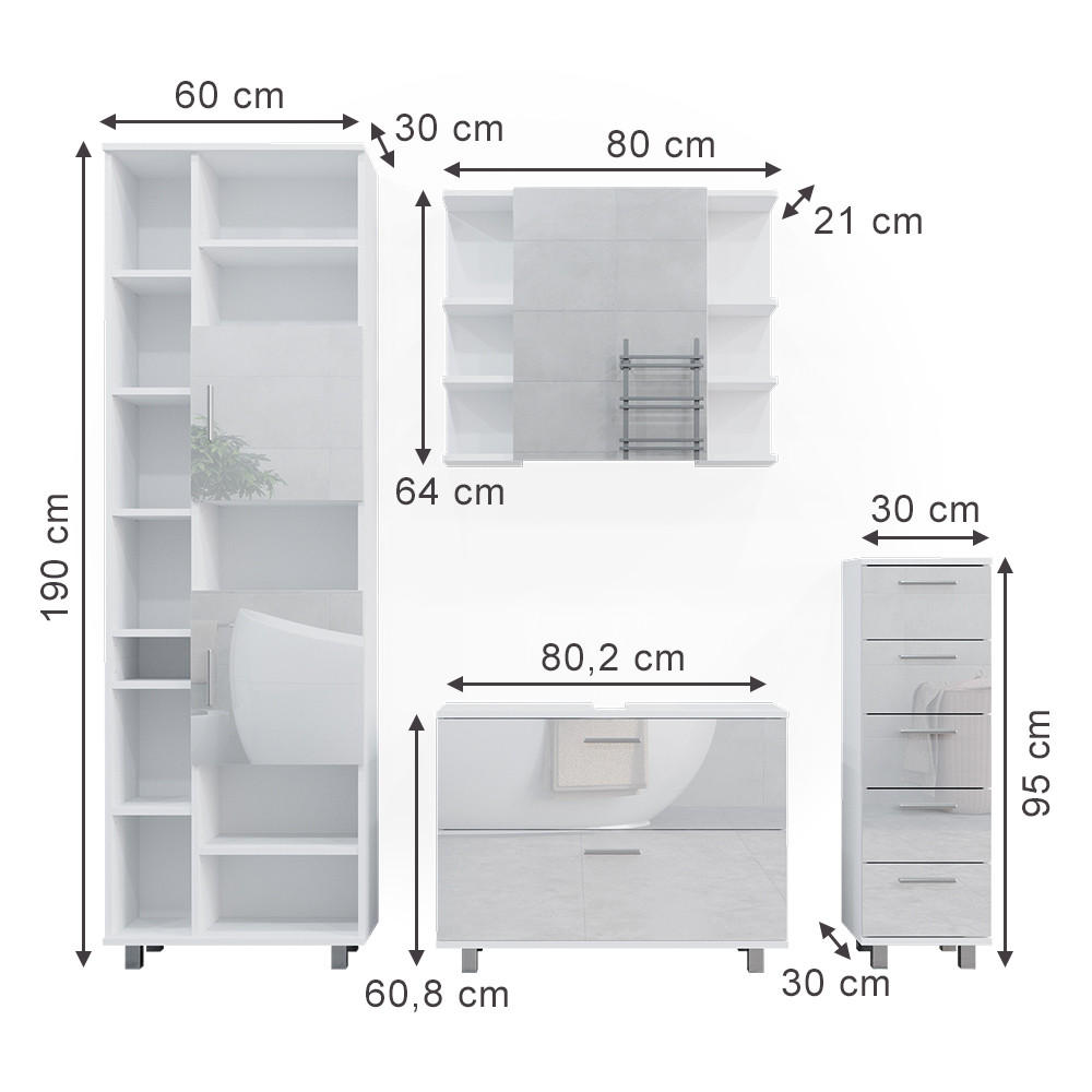 Thumbnail - Vicco Badmöbel-Set, Weiß Hochglanz, Holzwerkstoff, 20 Fächer, 7 Schubladen, nicht einzeln stellbar,Rechteckig, 80.2x60.8...