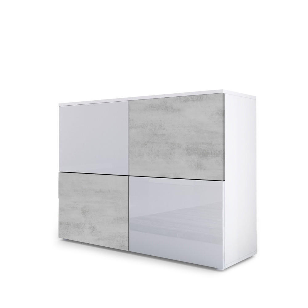 KOMMODE Rova Weiß Hochglanz / Beton Oxid Optik - Weiß Hochglanz/Hellgrau, Holzwerkstoff (92/72/35cm) - Vladon