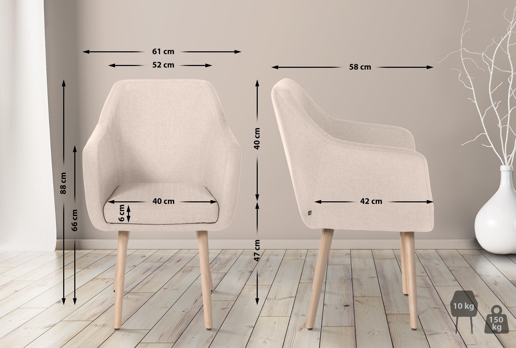 ARMLEHNENSTUHL Stoff beige - Eukalyptusholzfarben/Beige, Holz/Textil (61/88/57.5cm) - CLP