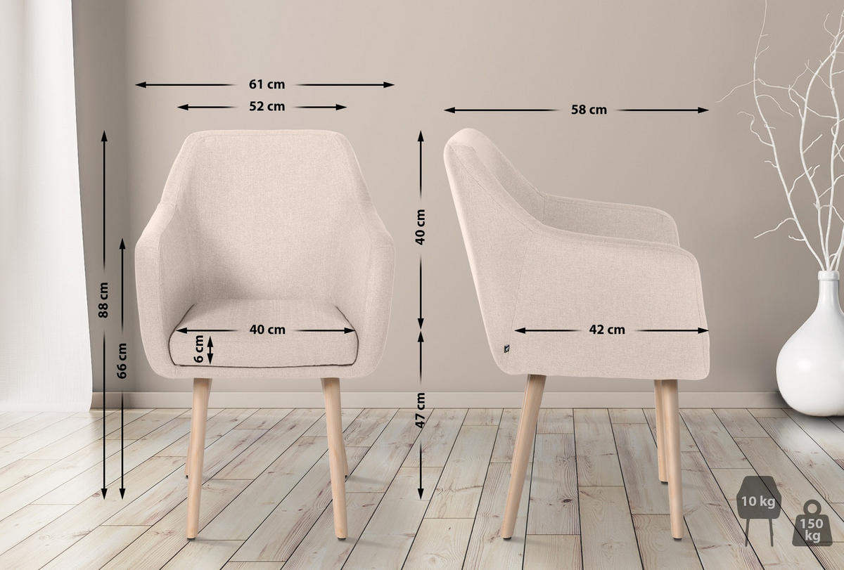 ARMLEHNENSTUHL Stoff beige - Eukalyptusholzfarben/Beige, Holz/Textil (61/88/57.5cm) - CLP