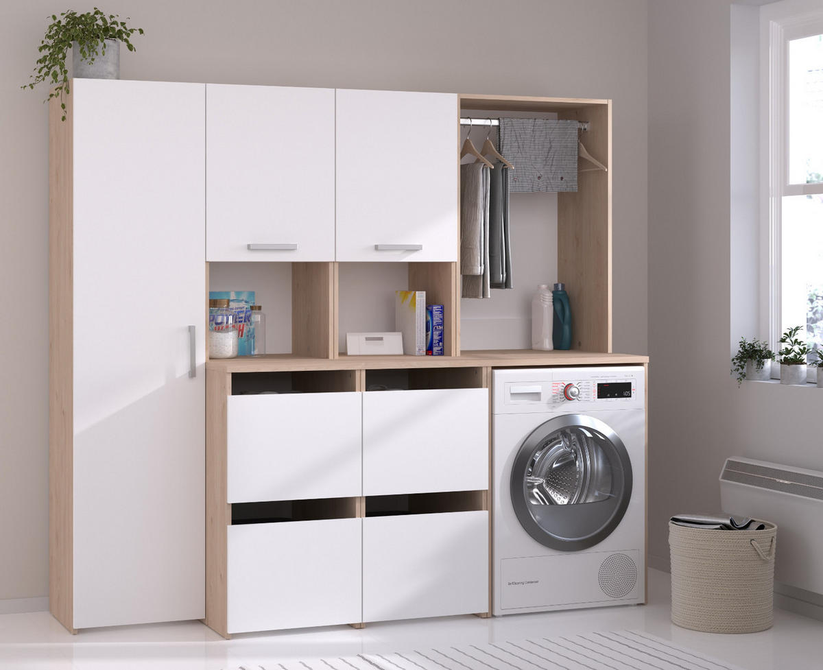 WASCHMASCINENSCHRANK weiß, Eiche Jackson, Umbauschrank Set 3-teilig 204 cm mit viel Stauraum - Eichefarben/Silberfarben, Holzwerkstoff/Kunststoff (204/184/67cm) - Parisot Meuble