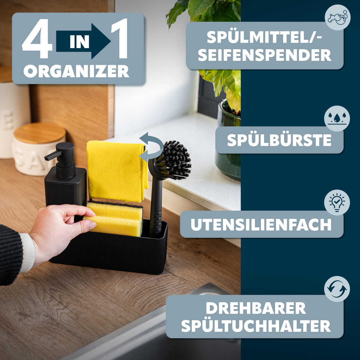 SPÜLBECKEN-SET, schwarz, Kunststoff - Schwarz, Kunststoff (20.5/21/7cm) - eluno