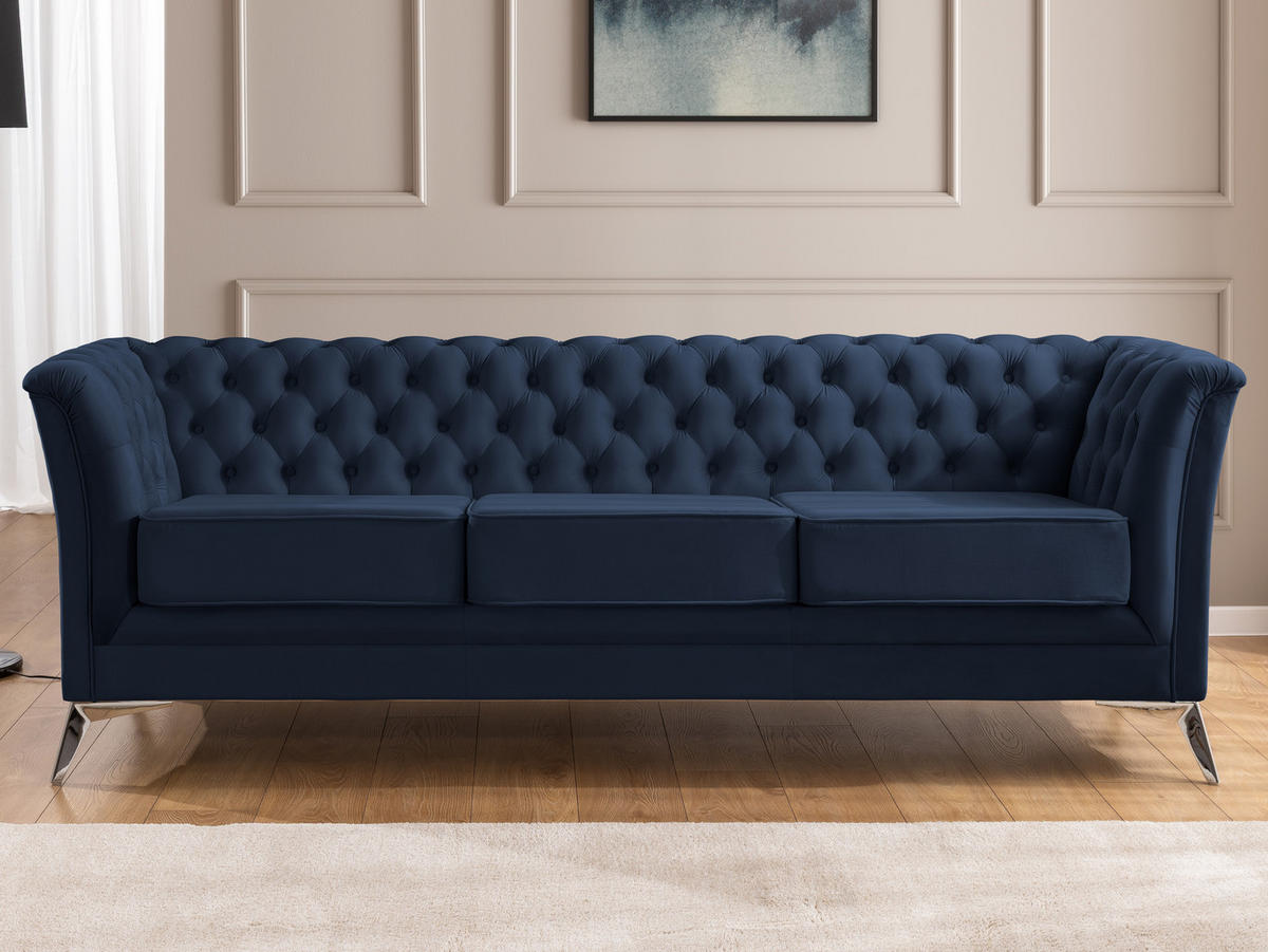 SITZGARNITUR 3+1 Chesterfield Whitby Marineblau Samt mit silbernen Füßen - Blau/Silberfarben, Holz/Textil (237/78/82cm) - S-Style Möbel