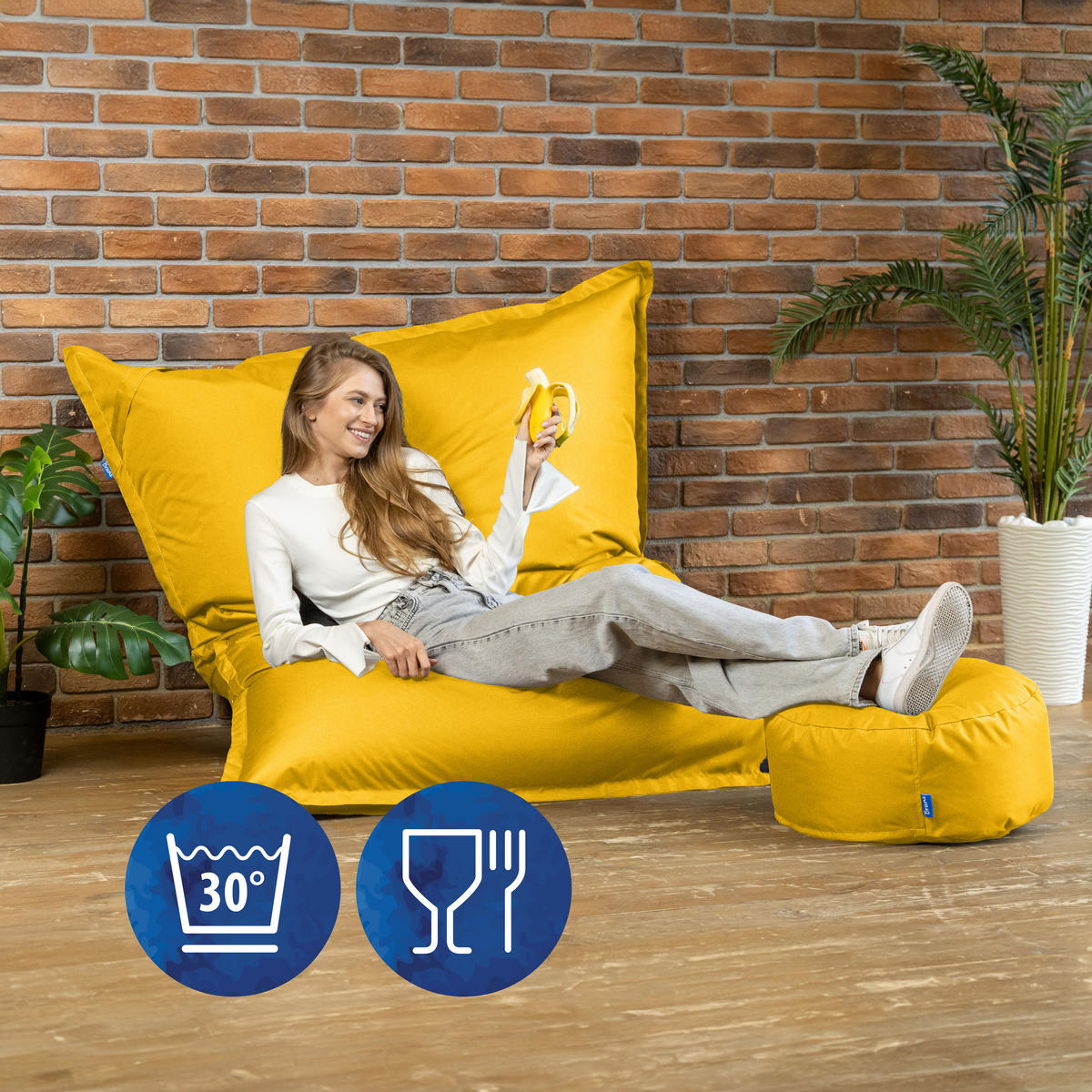 SITZSACK XXL Caree gelb, 140x180cm groß für Outdoor - Gelb, Textil (180/140/30cm) - Bruni