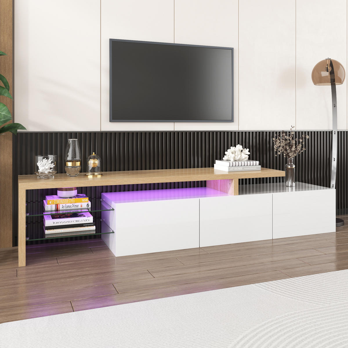 TV-SCHRANK 197,5/39/42 cm hochglänzend Weiß und Holzoptik mit Glasböden und LED-Beleuchtung - Weiß, Holzwerkstoff (197.5/42/39cm) - OKWISH