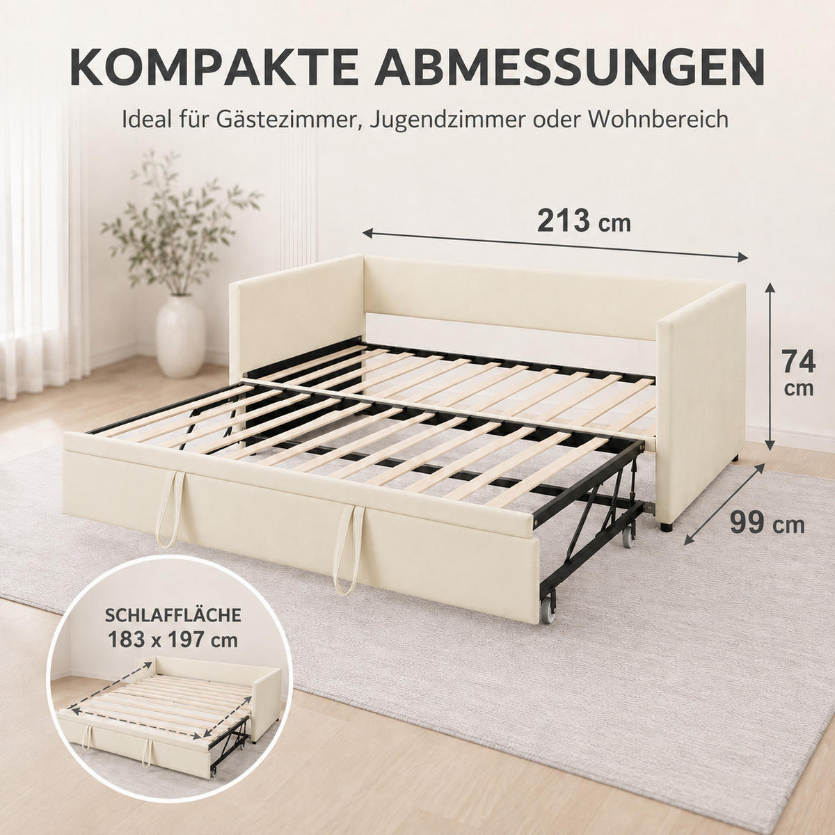 SCHLAFSOFA Samt creme ausziehbar mit Gästebett Funktion 3-fach umwandelbar Tagesbett mit Rollen - Beige, Metall (183/74/213cm) - Joyfair