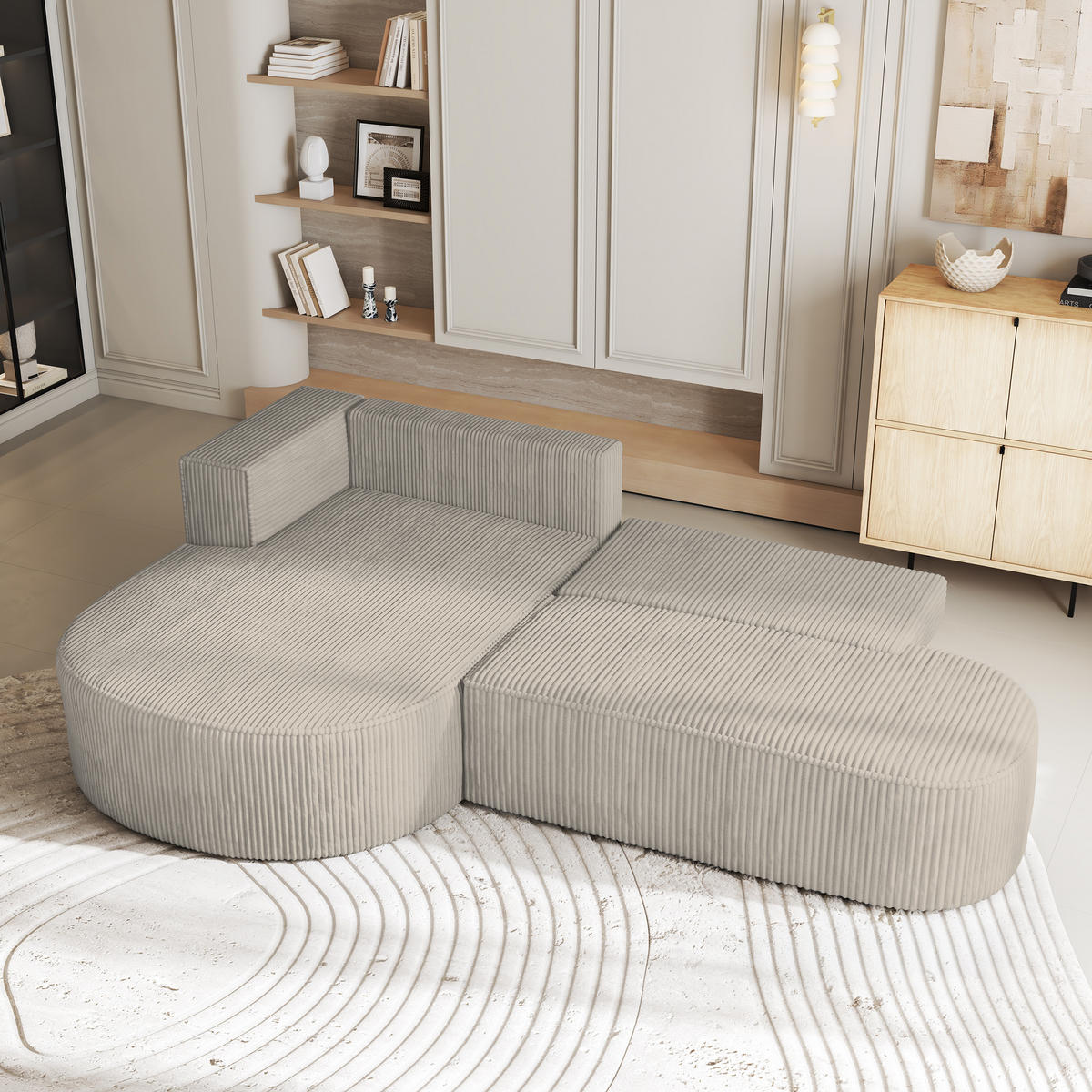 ECKSOFA CORTIO P L-S Creme Kordstoff mit Schlaffunktion - Creme, Holz (265/174cm) - MASSENO