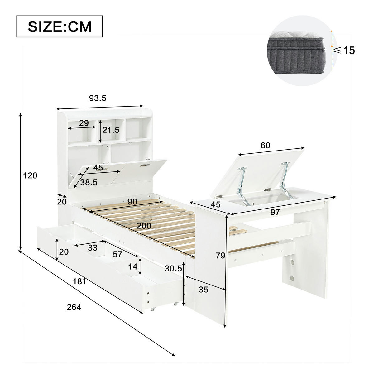 JUGENDBETT 90/200 cm in Weiß mit Stauraum, Kopfteilregal und Klapptisch aus Holz - Weiß, Holzwerkstoff - STILVORA