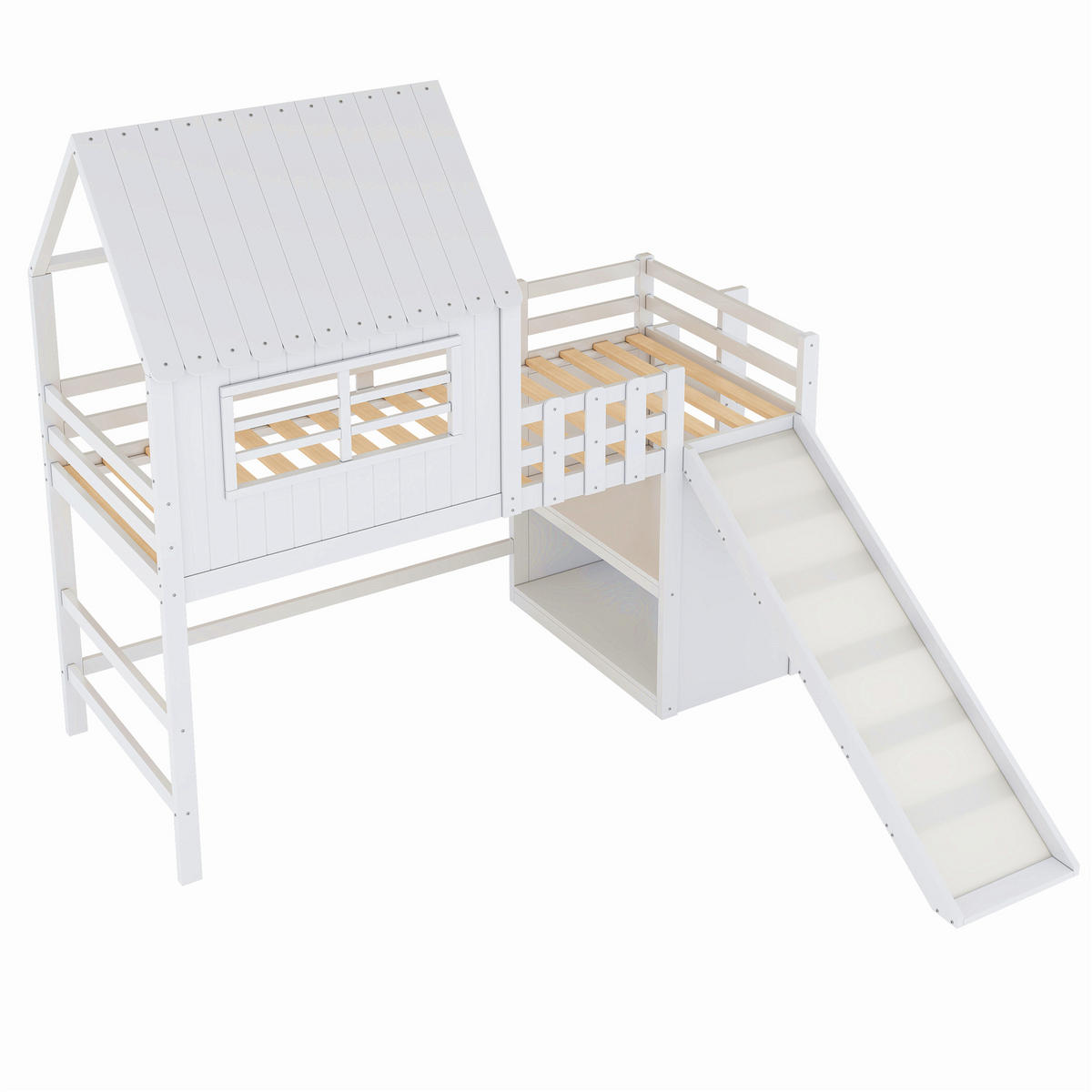 HOCHBETT 90/200 cm Dachboden-Design mit Rutsche und Stauraum Weiß - Weiß, Holz (90/200cm) - OKWISH