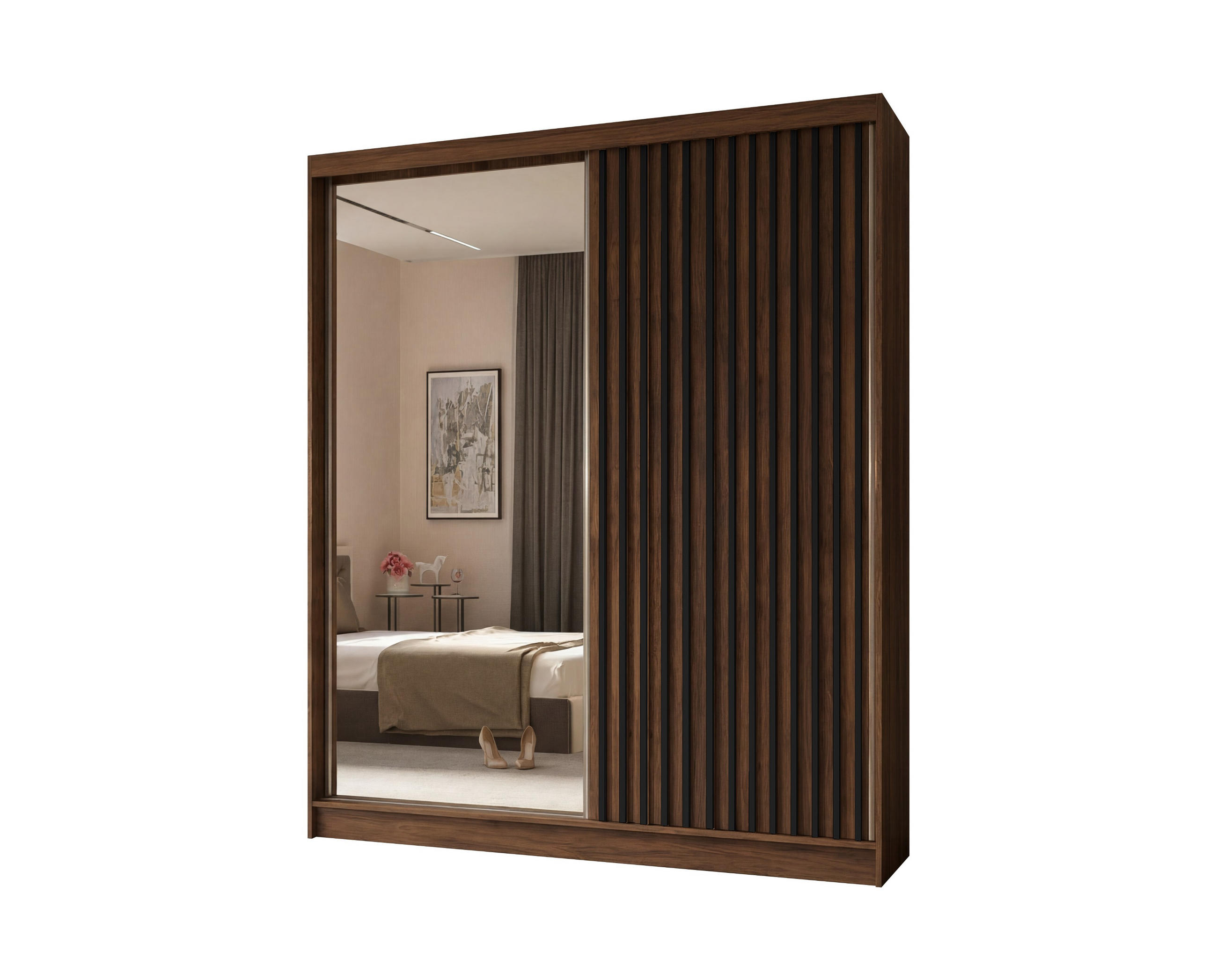 SCHWEBETÜRENSCHRANK Erika 200 cm mit Lamellen und Spiegel 2-türig, Nuss Warmia, schwarz - Dunkelbraun/Schwarz, Kunststoff (200/216/51cm) - Margaret Hadas24