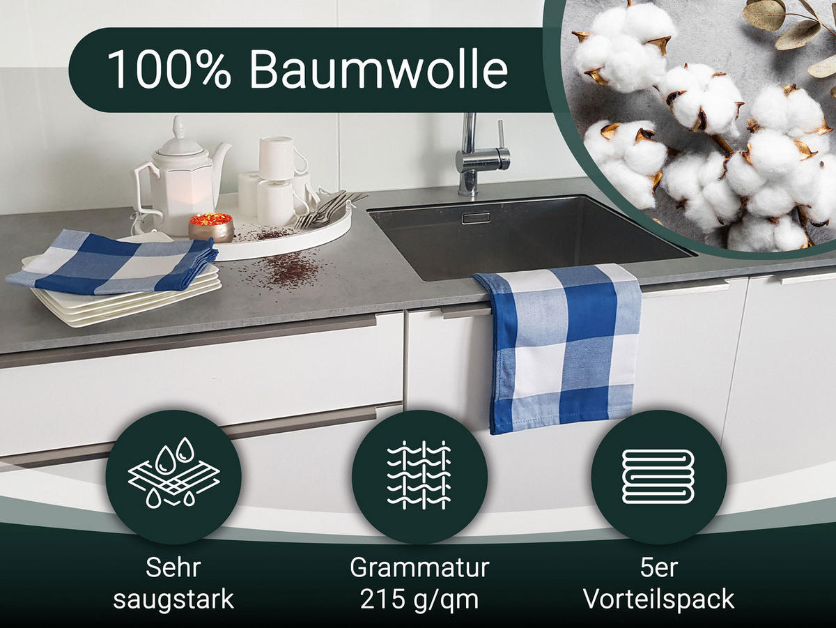 GESCHIRRTÜCHER, 5er-Set, 50x70 cm, 100% Baumwolle, Blau - Blau, Textil (50/70cm) - Zollner