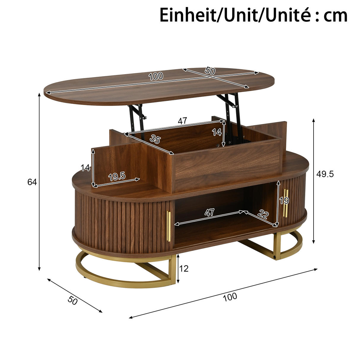 COUCHTISCH 100/50/64 cm, Nussbaum, höhenverstellbar, mit Stauraum und Schiebetüren - Walnussfarben/Schwarz, Holzwerkstoff/Metall (50/100/64cm) - CHICFURN