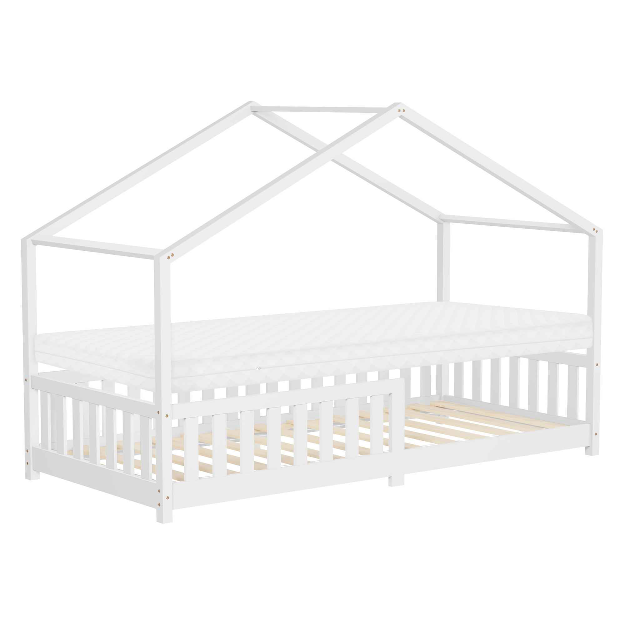 HAUSBETT mit Matratze 90x200 cm H:10cm Weiß aus Kiefernholz mit Rausfallschutz - Weiß, Holz (90/200cm) - ML-DESIGN
