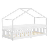 HAUSBETT mit Matratze 90x200 cm H:10cm Weiß aus Kiefernholz mit Rausfallschutz - Weiß, Holz (90/200cm) - ML-DESIGN