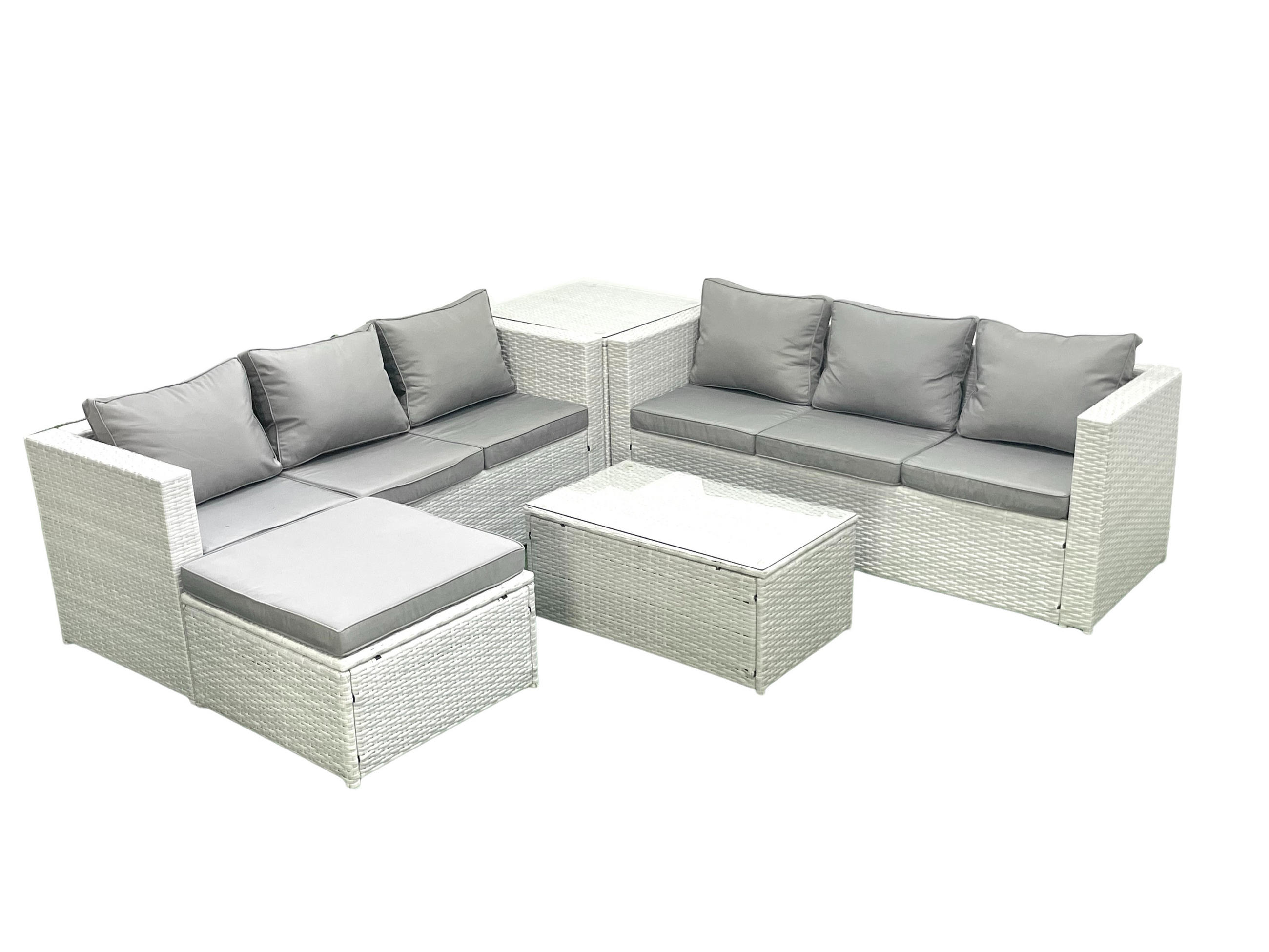 GARTENGARNITUR mit 3-SITZER SOFA,COUCHTISCH Polyrattan Hellgrau-Mix 7-Sitzer - Hellgrau/Grau, Glas/Kunststoff - Fimous