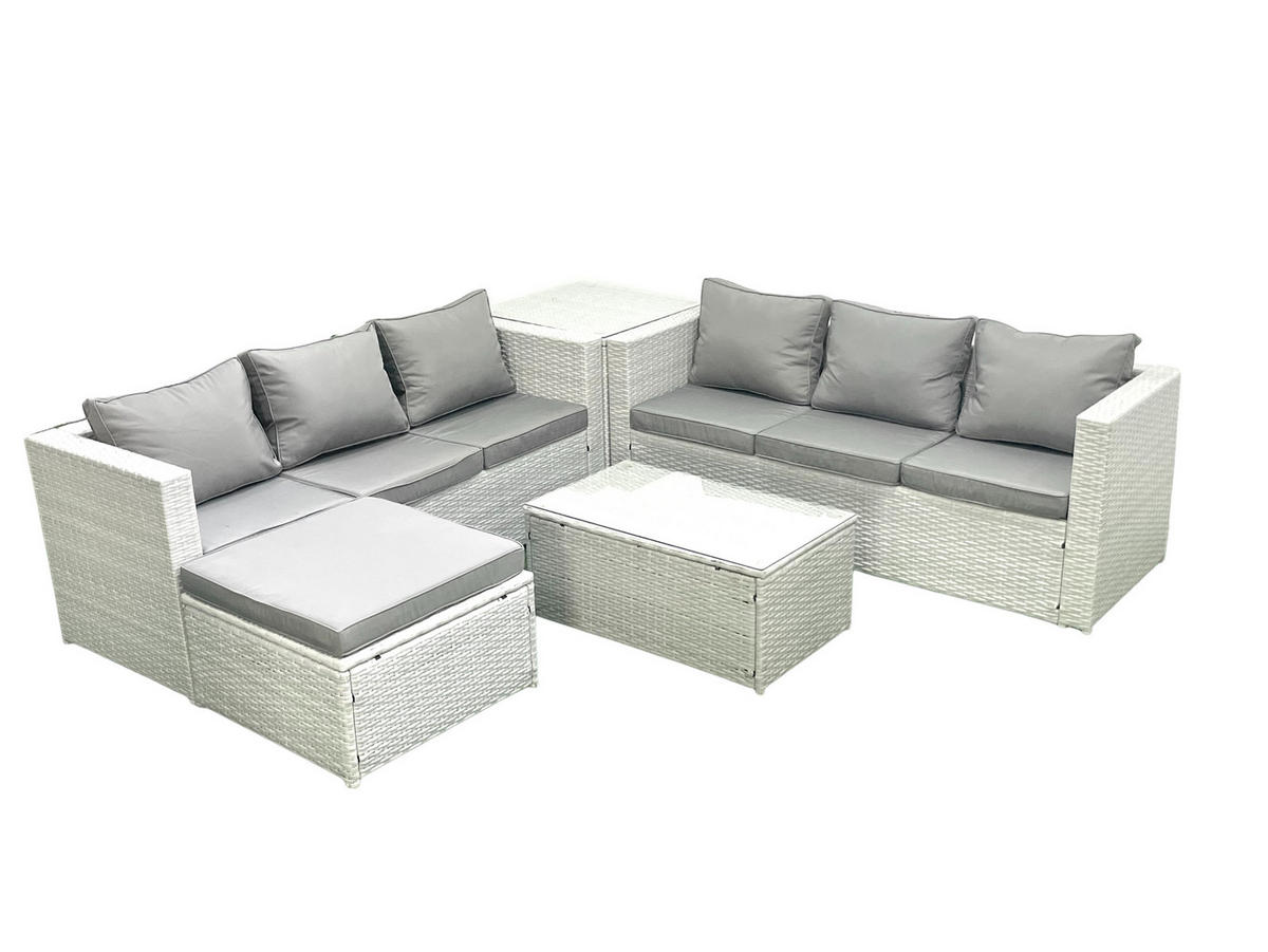 GARTENGARNITUR mit 3-SITZER SOFA,COUCHTISCH Polyrattan Hellgrau-Mix 7-Sitzer - Hellgrau/Grau, Glas/Kunststoff - Fimous
