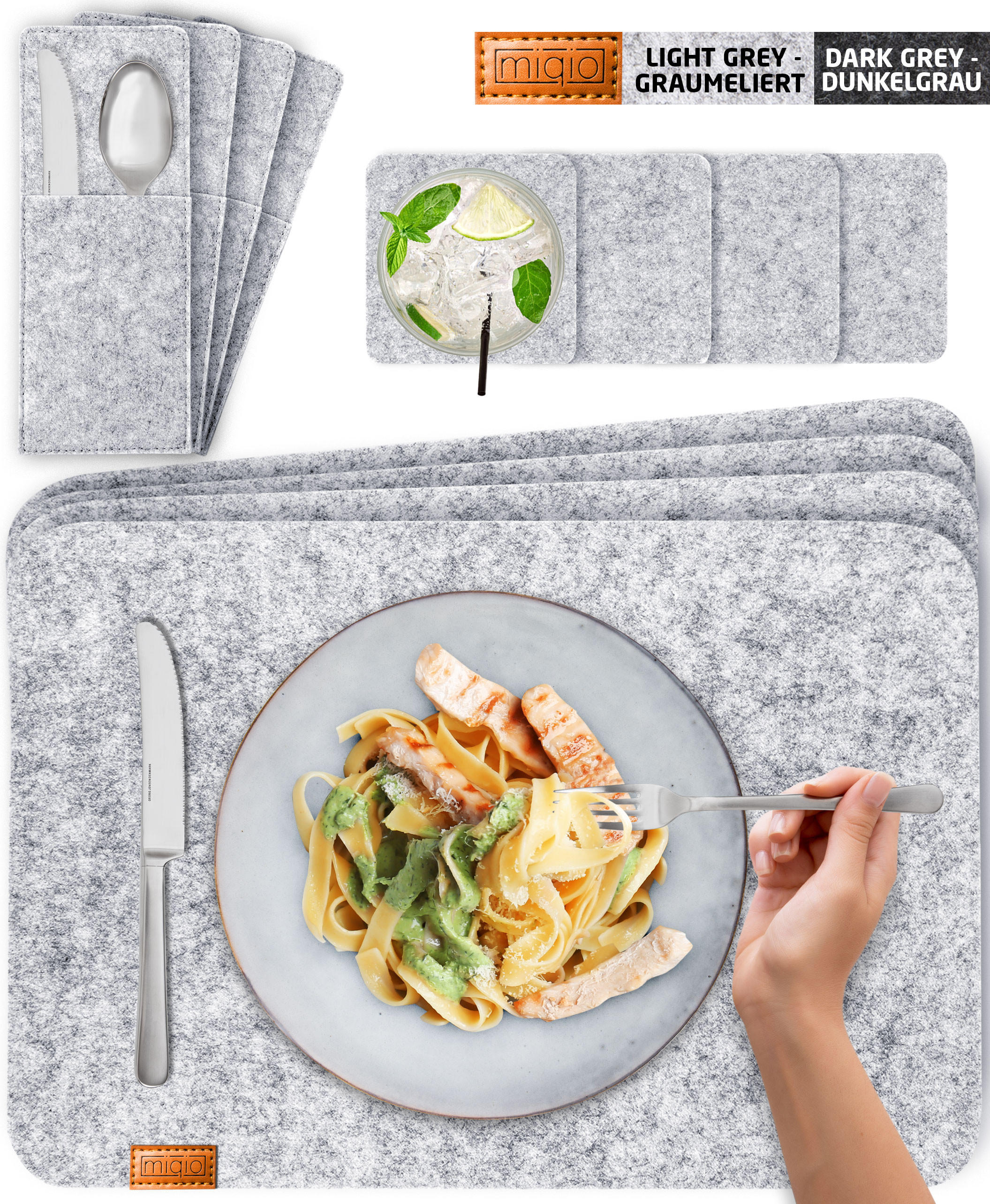 PLATZSETS Untersetzer Taschen 12er-Set - Hellgrau, Textil (44/45/3cm) - Miqio Design