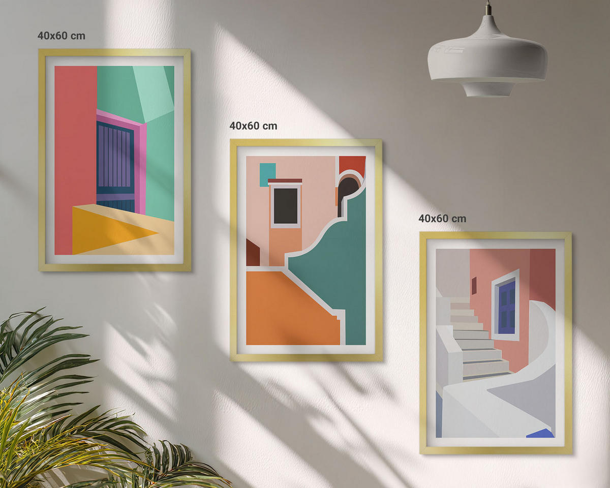 WANDBILDER 3er Set - 40x60 cm Goldrahmen - Farbenfrohe Illustrationen von Gebäuden - Goldfarben, Kunststoff (40/60cm) - ArtPrintCave